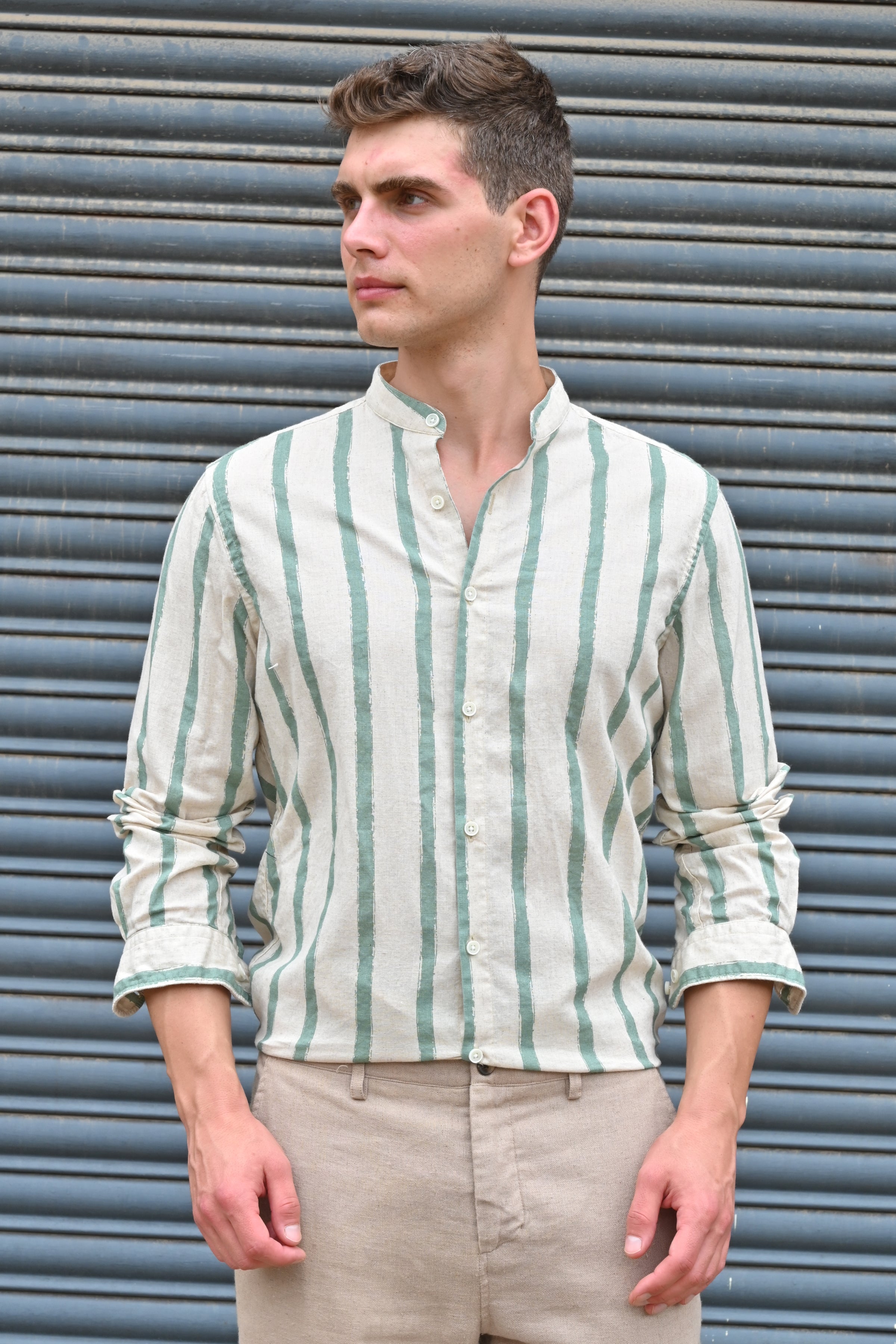 Men Billie Mao Collar Shirt Green
