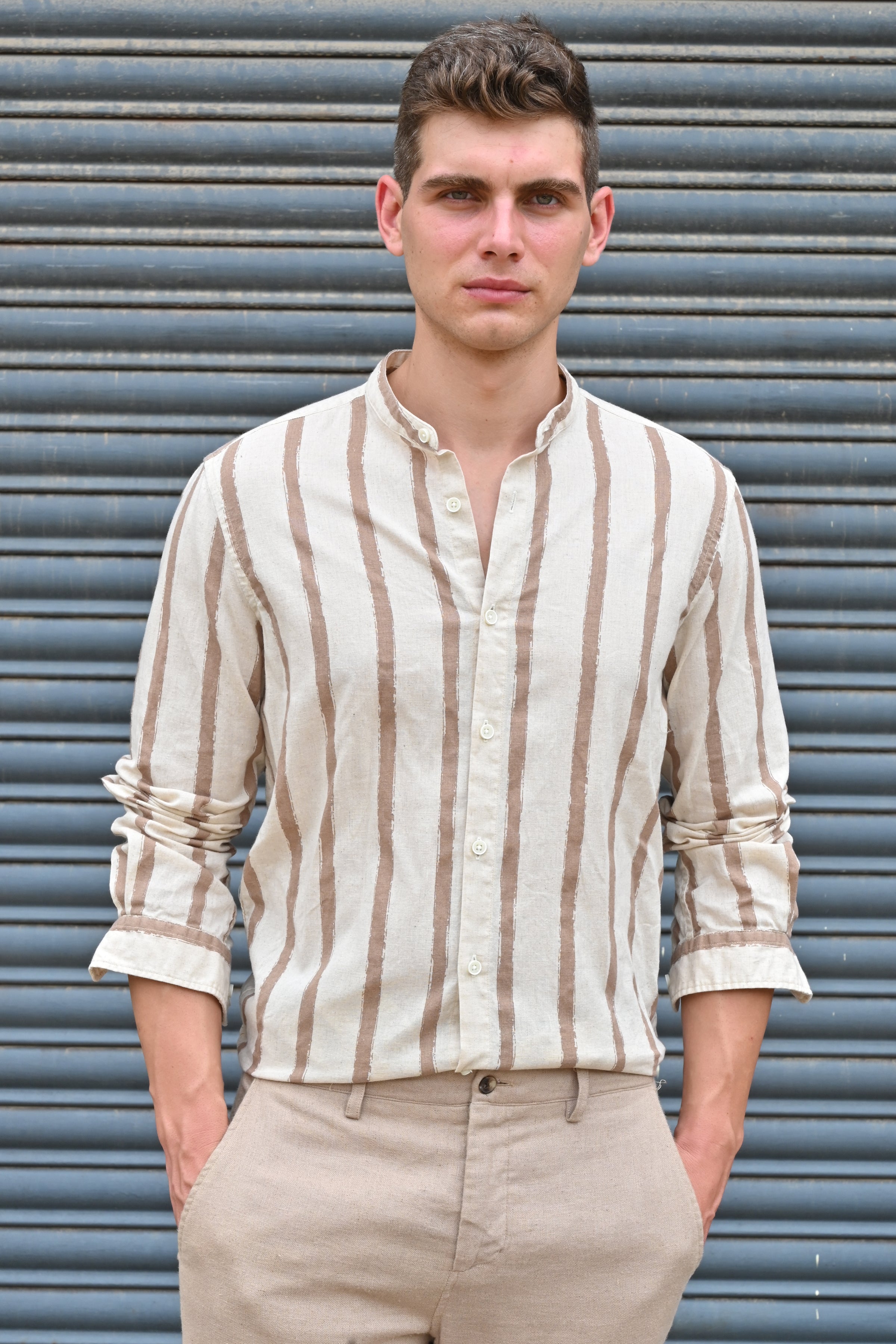 Men Billie Mao Collar Shirt Brown