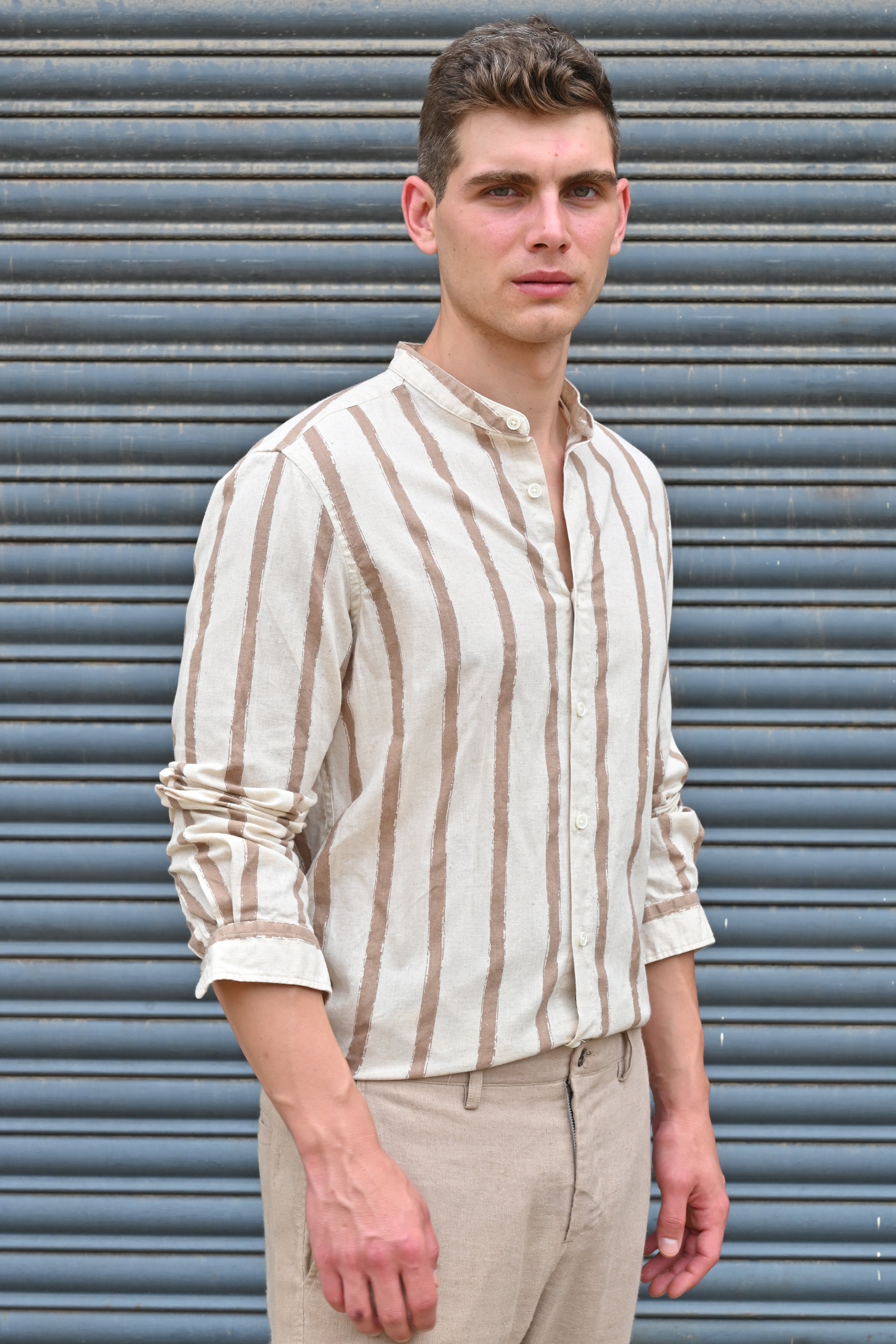 Men Billie Mao Collar Shirt Brown