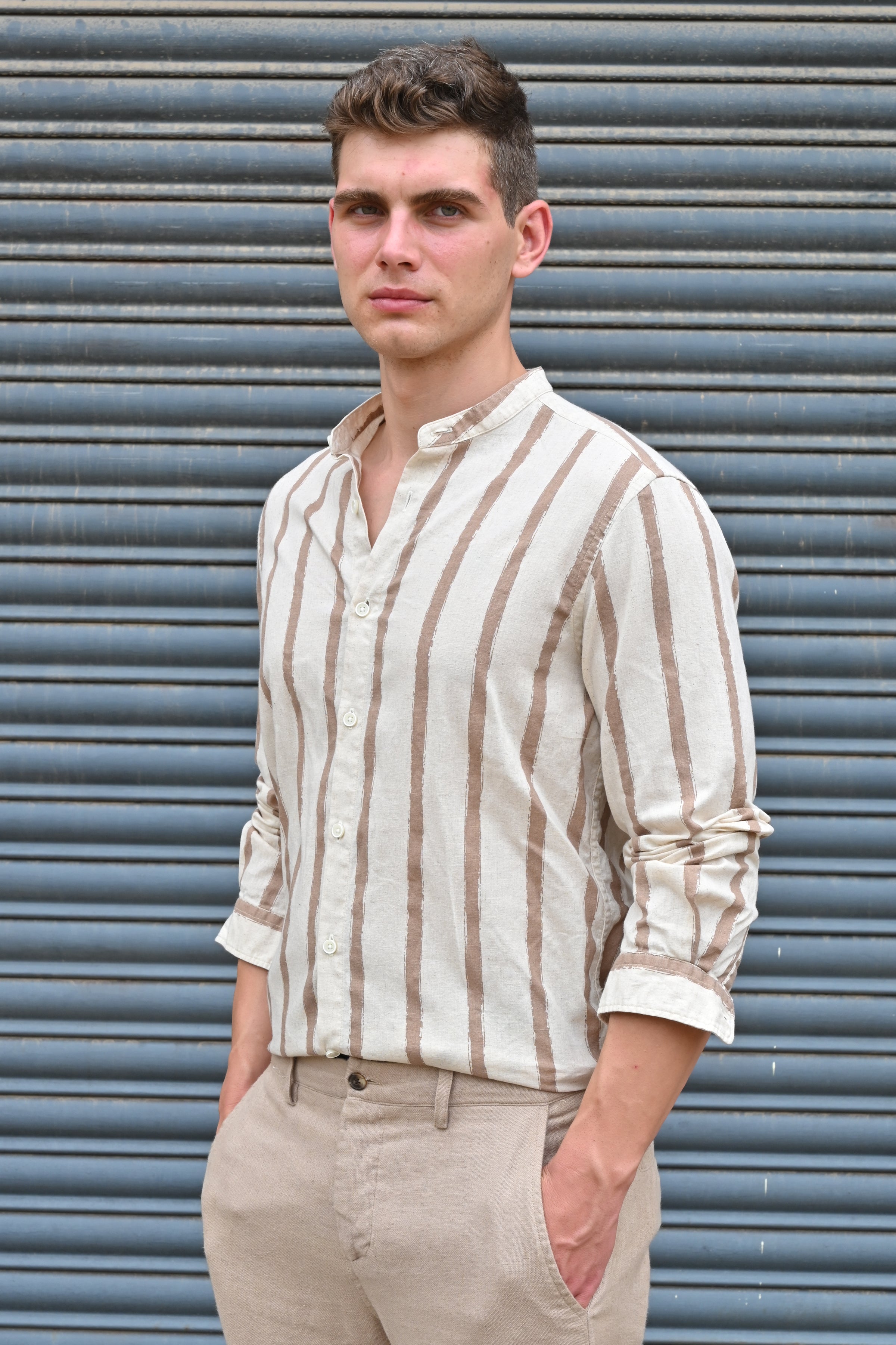 Men Billie Mao Collar Shirt Brown