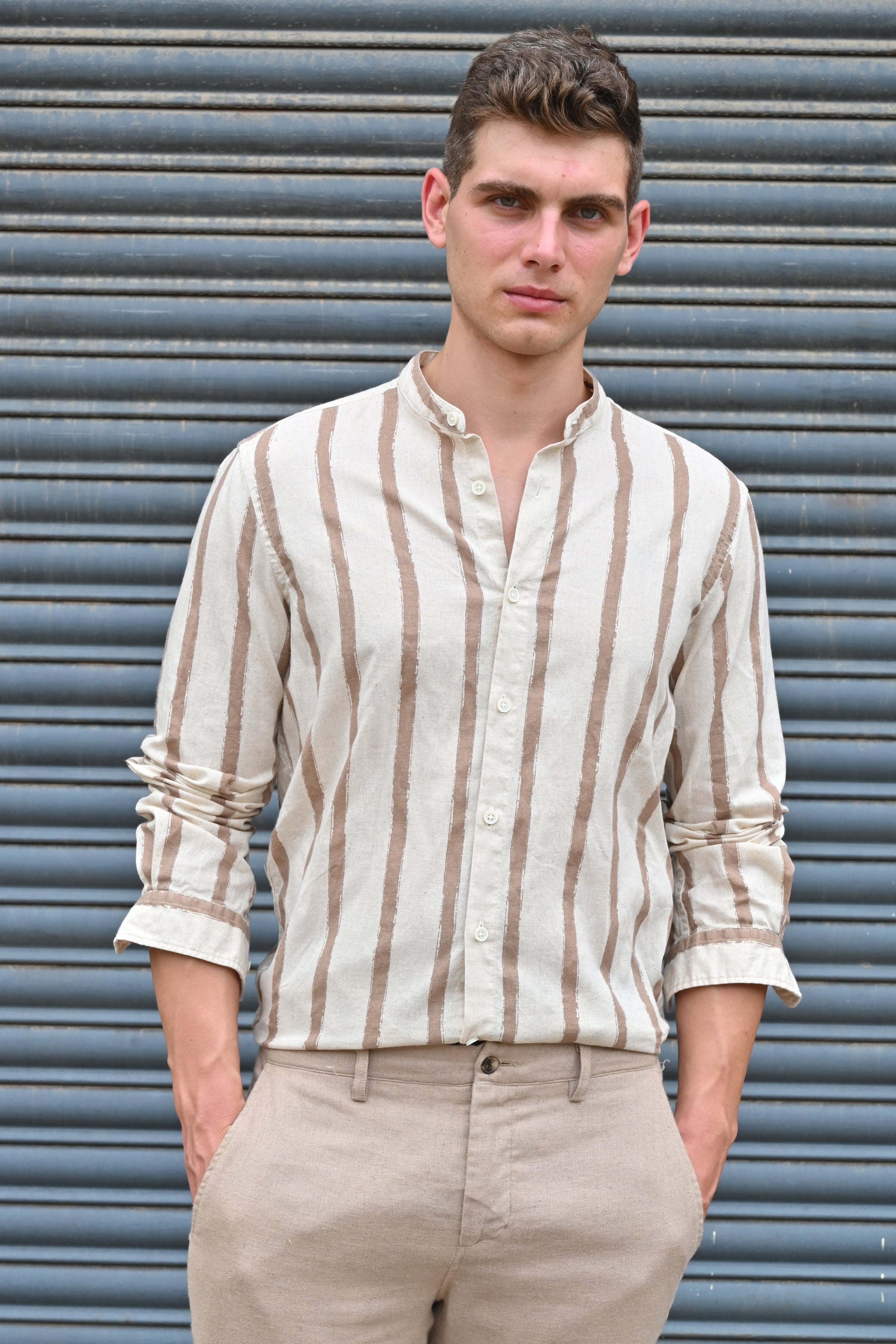 Men Billie Mao Collar Shirt Brown