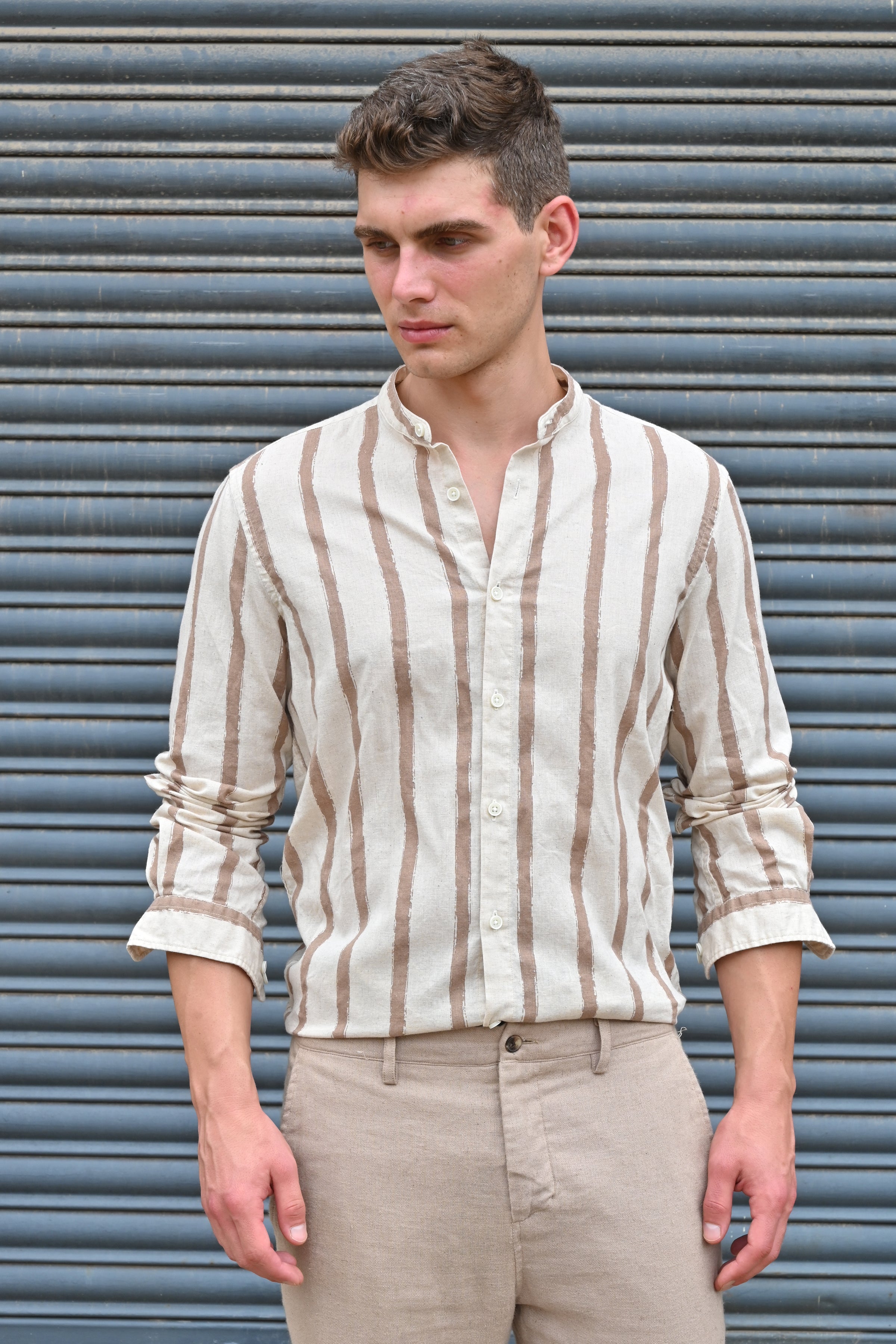 Men Billie Mao Collar Shirt Brown