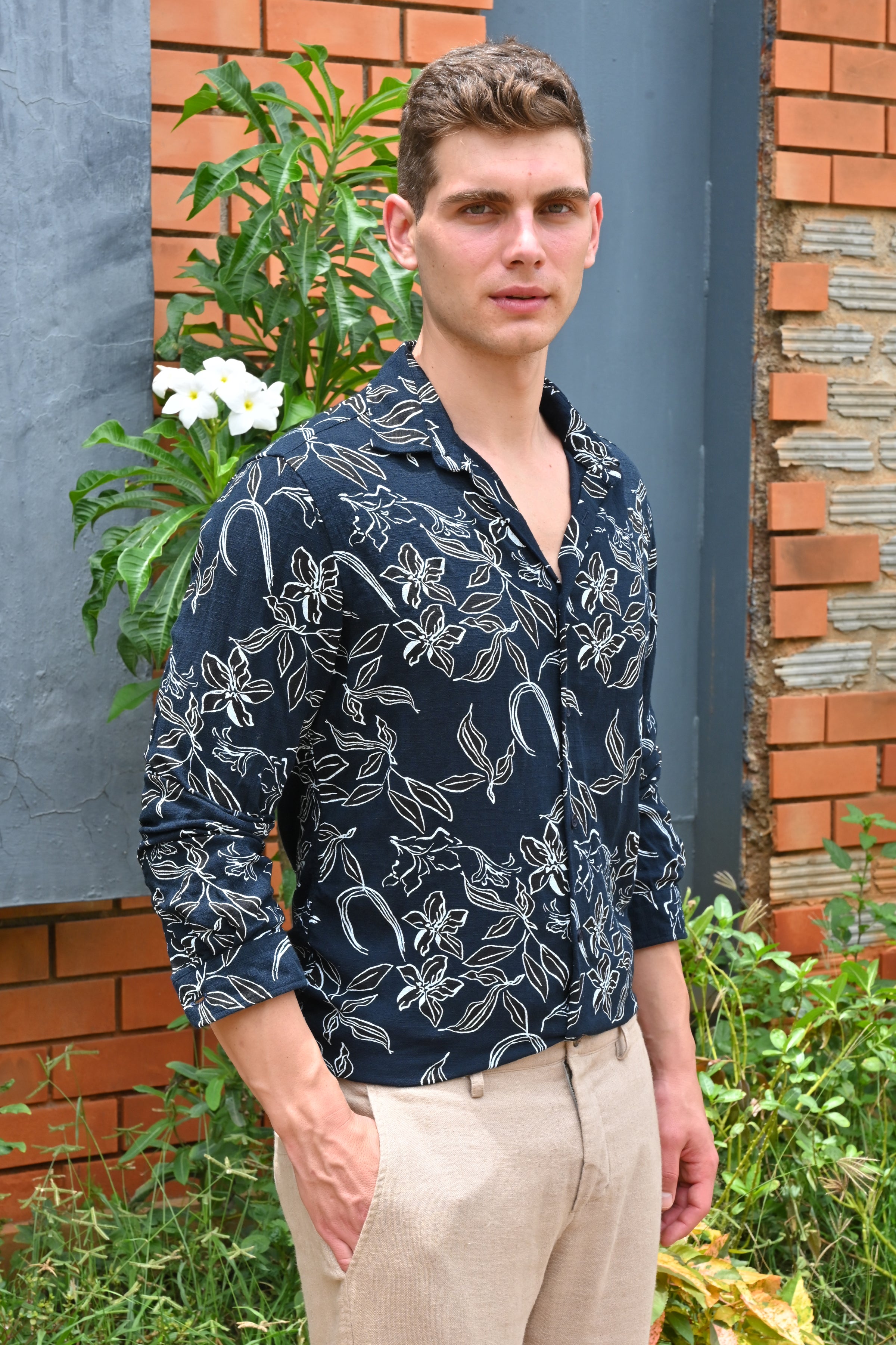 Men Cador Linen Printed Shirt Navy