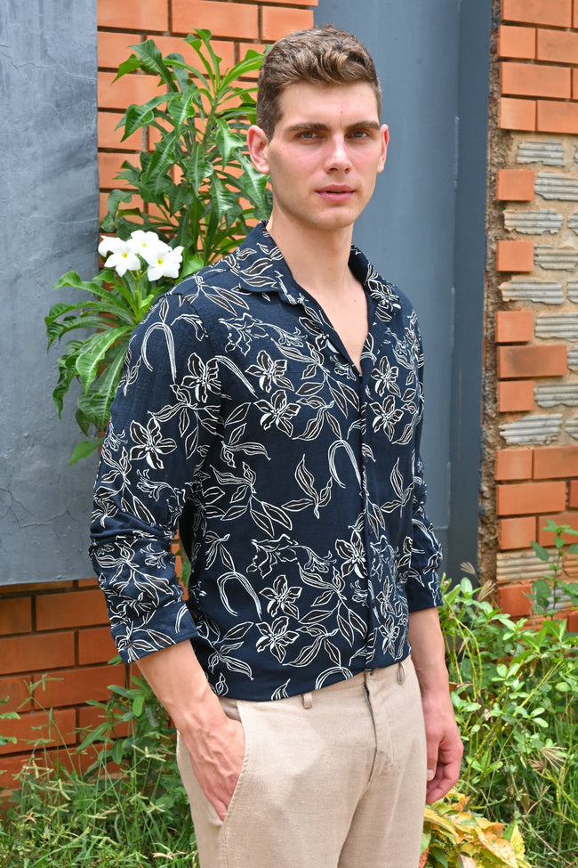 Men Cador Linen Printed Shirt Navy