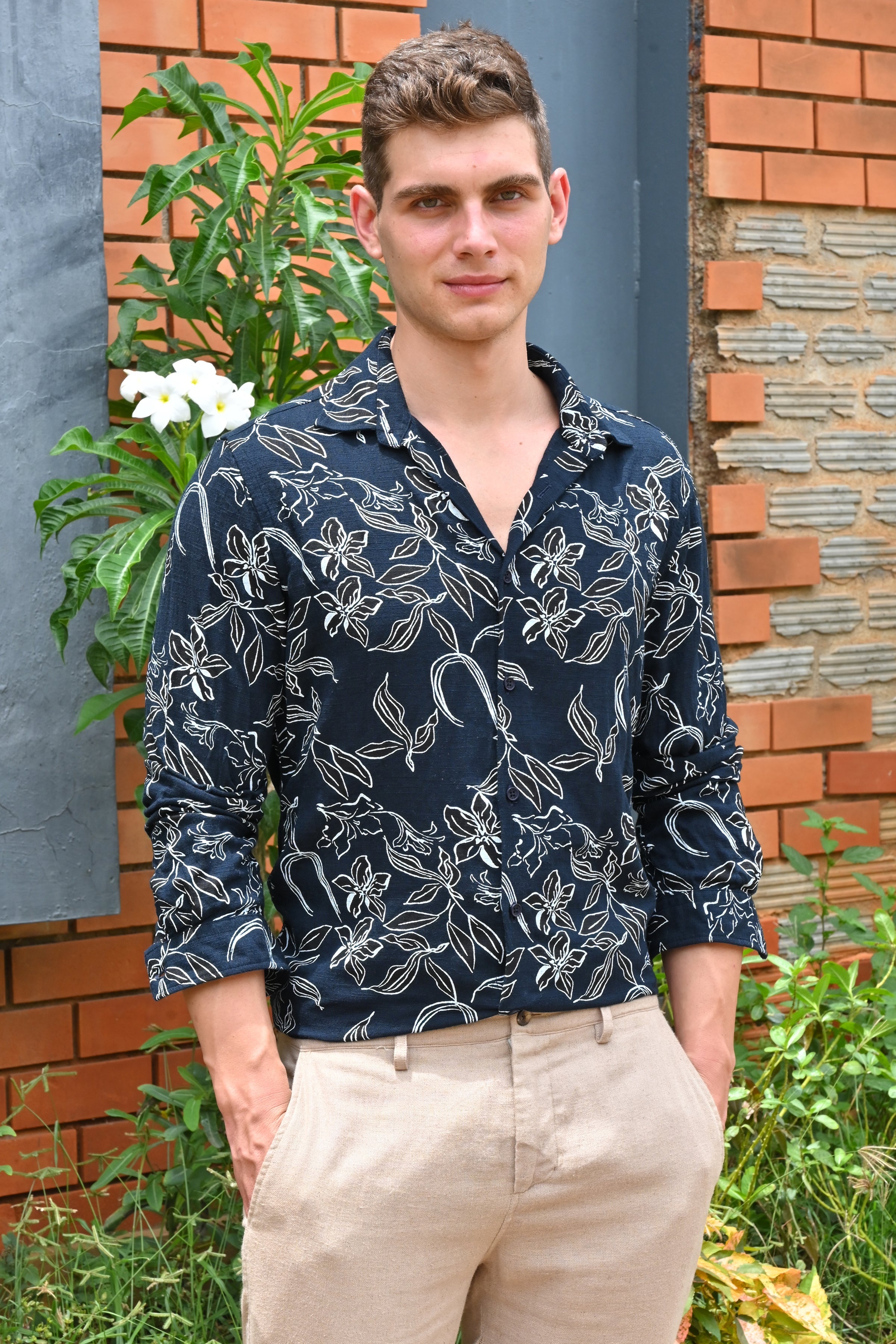 Men Cador Linen Printed Shirt Navy