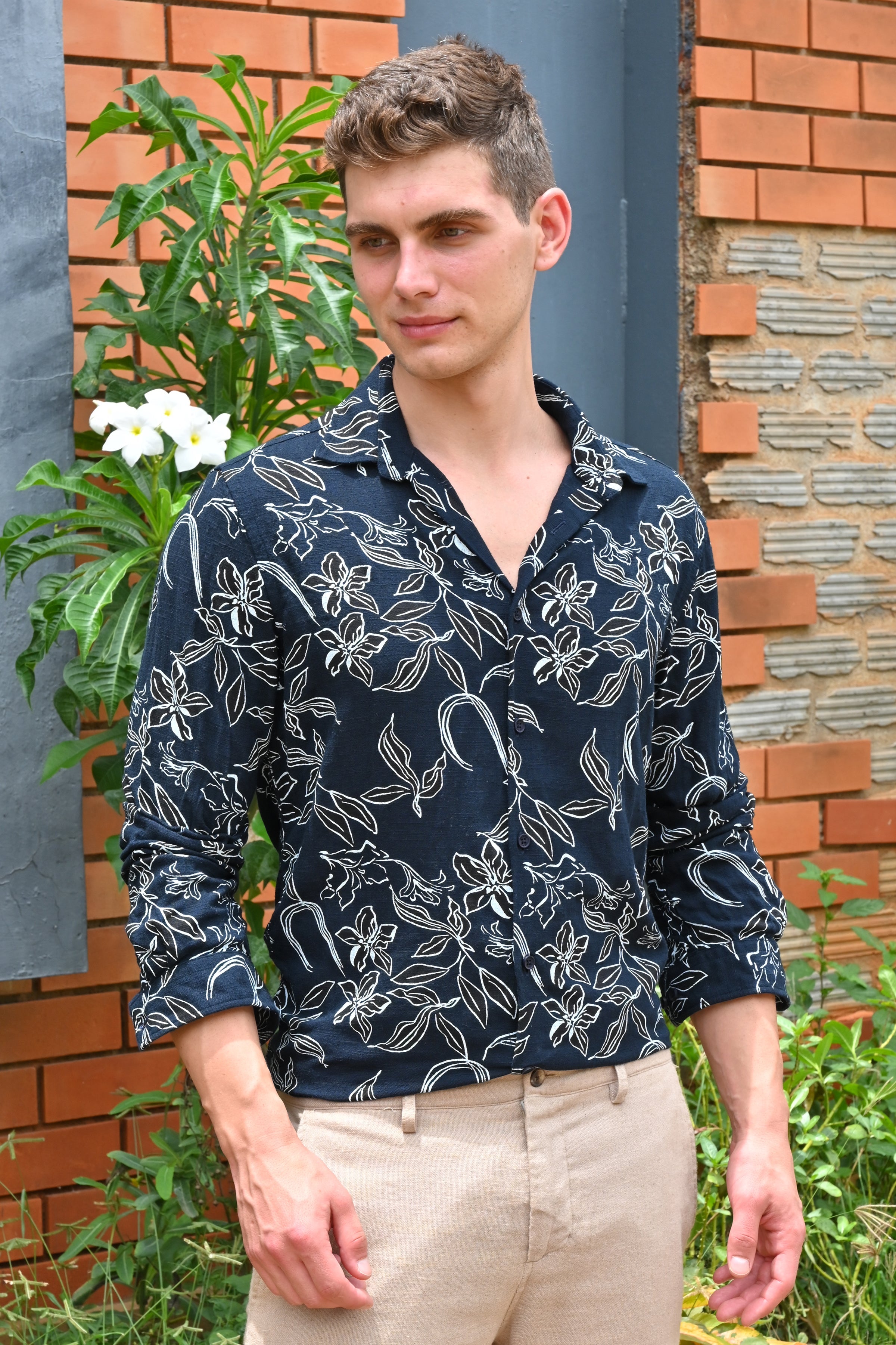 Men Cador Linen Printed Shirt Navy