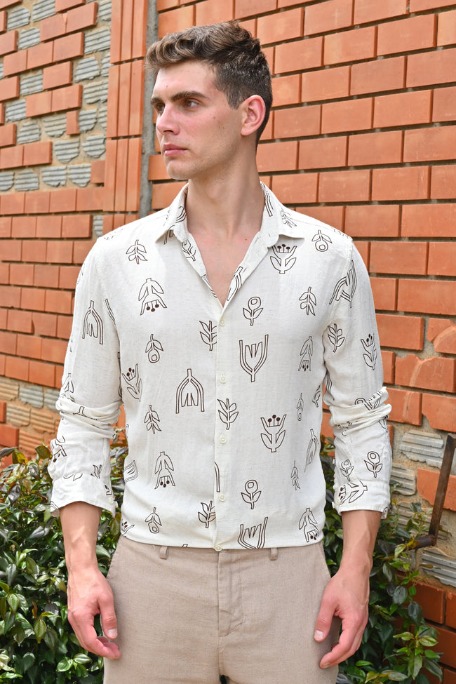 Men Luca Linen Printed Shirt Brown