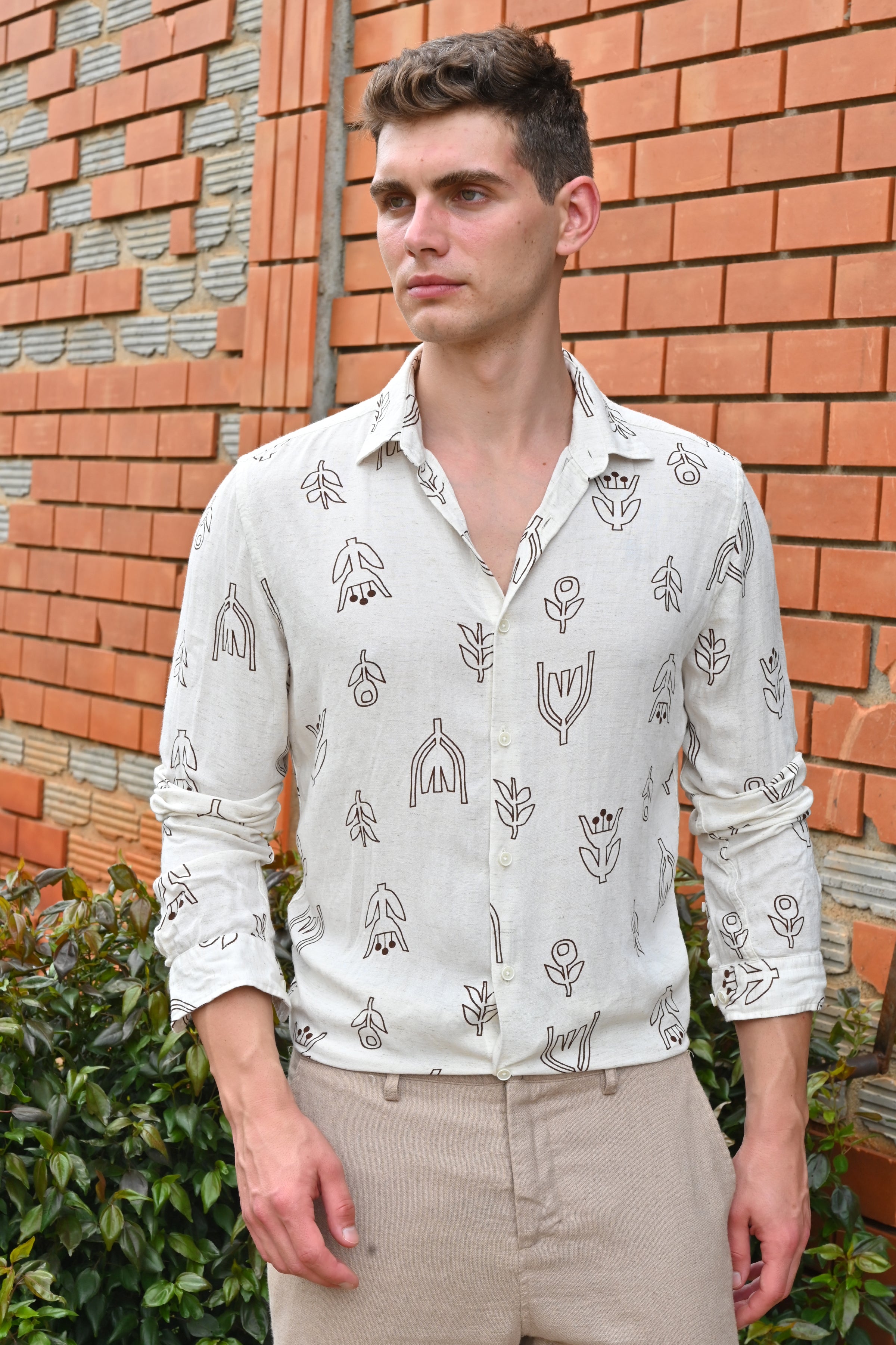 Men Luca Linen Printed Shirt Brown