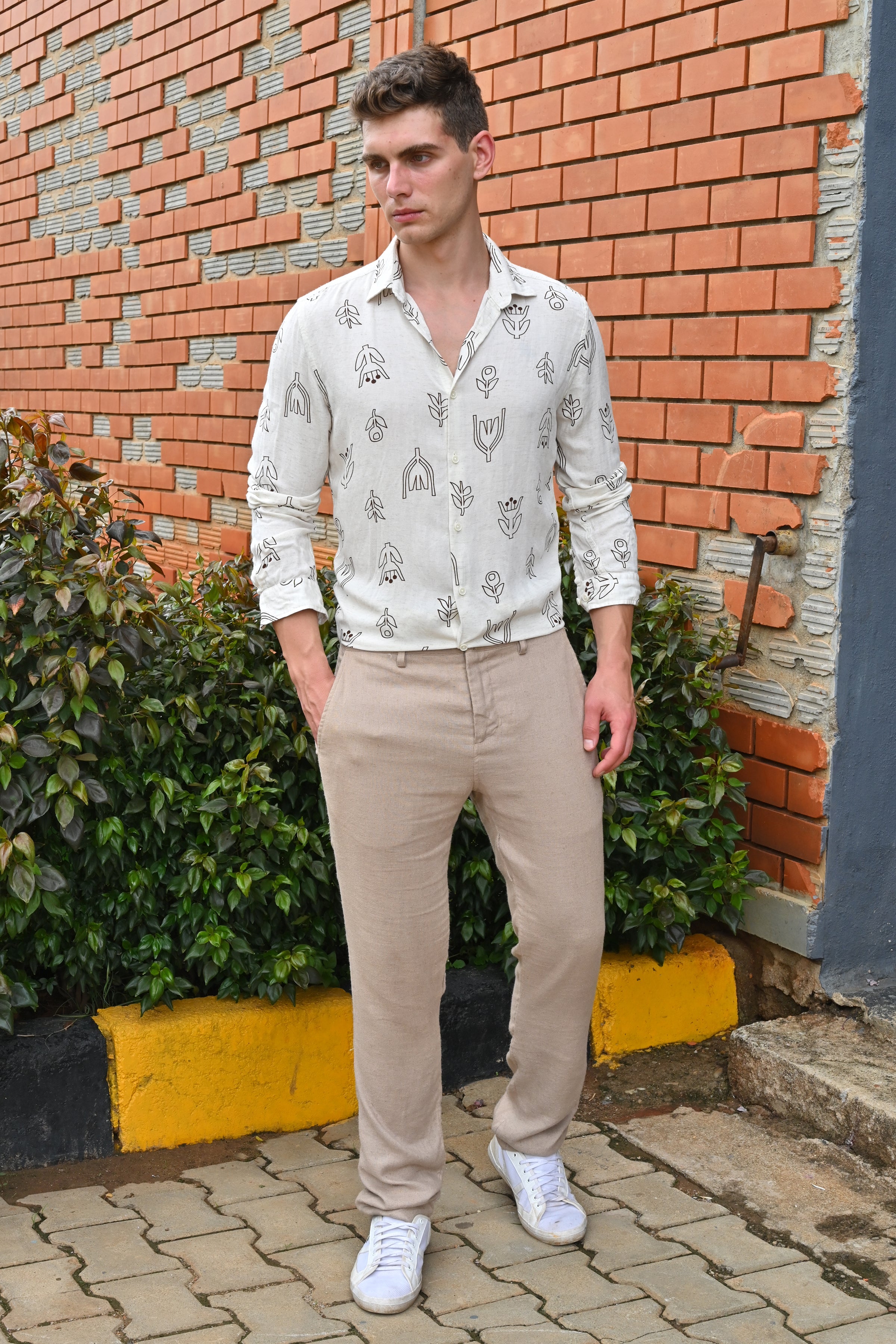 Men Luca Linen Printed Shirt Brown
