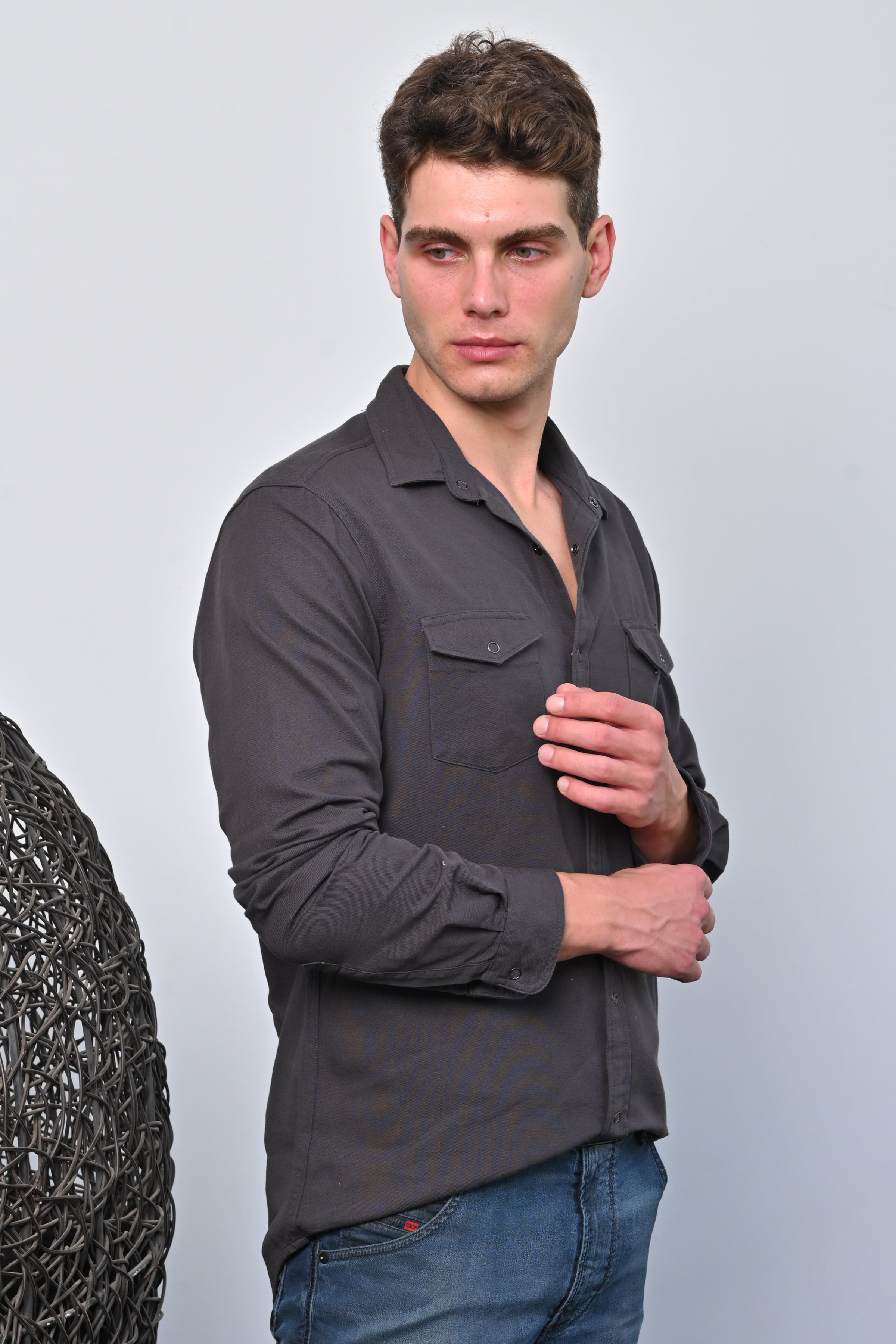 Men Cotton Pocketed Solid Shirt
