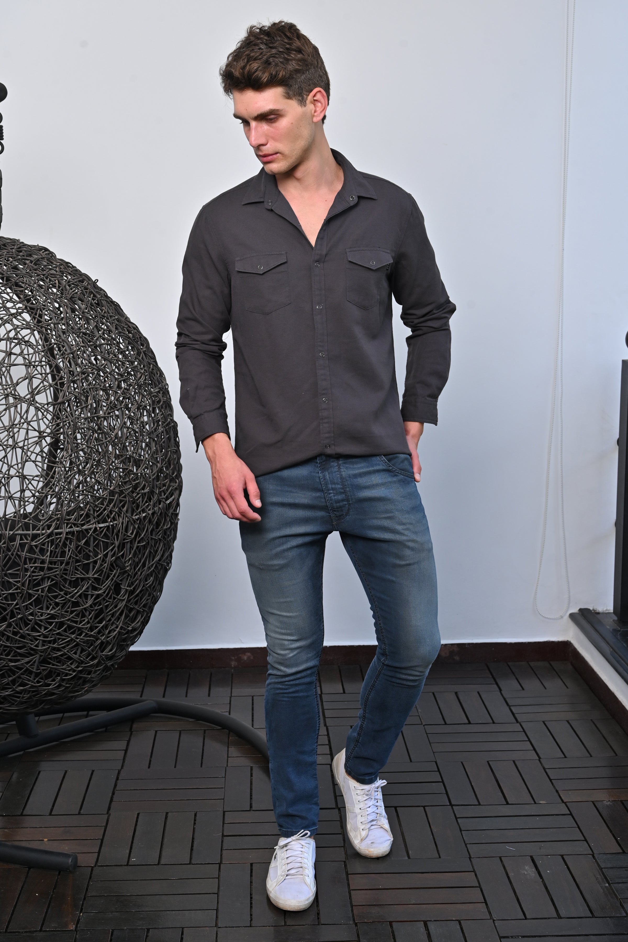 Men Cotton Pocketed Solid Shirt