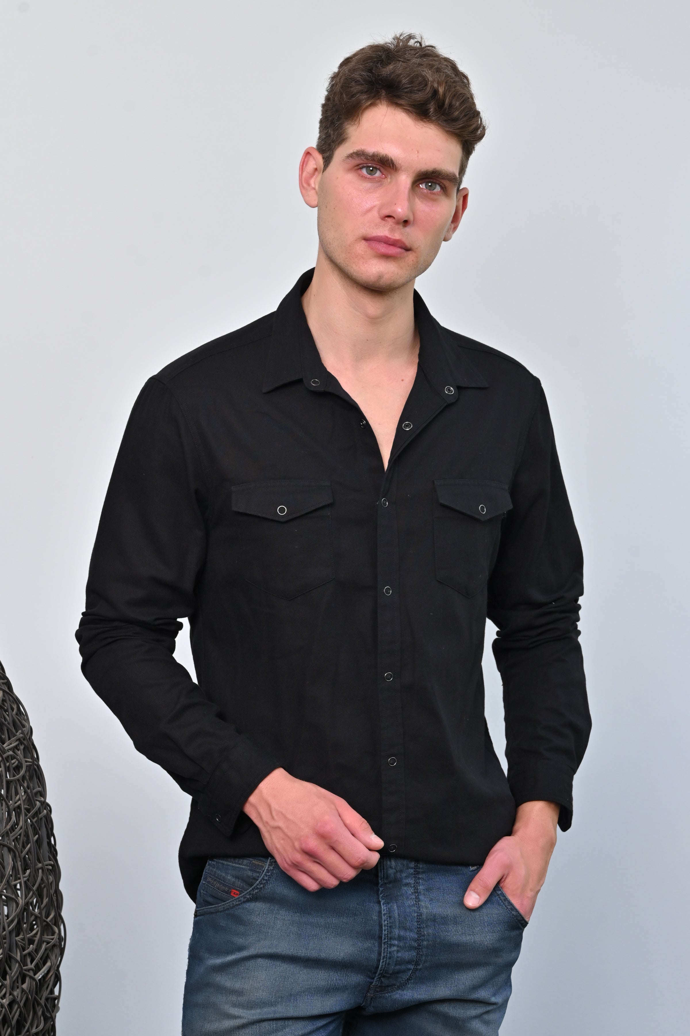 Men Brogan Cotton Pocketed Solid Shirt Black