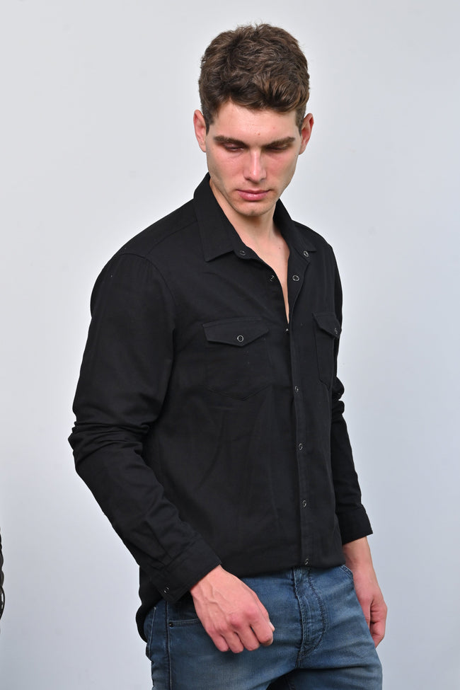 Men Brogan Cotton Pocketed Solid Shirt Black