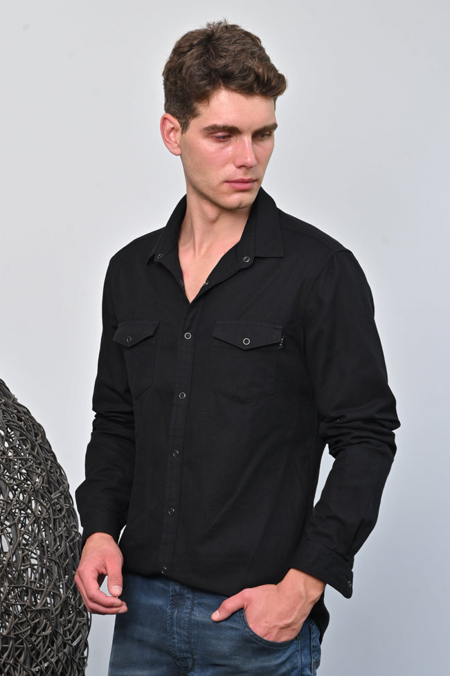 Men Brogan Cotton Pocketed Solid Shirt Black