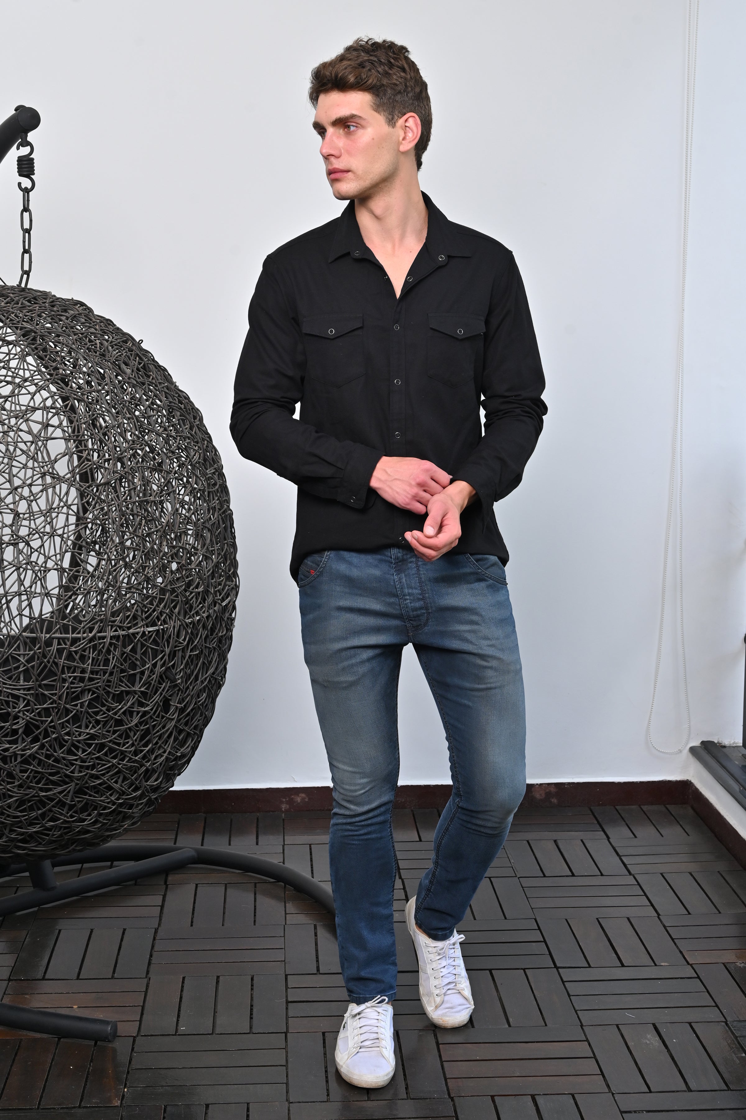 Men Brogan Cotton Pocketed Solid Shirt Black