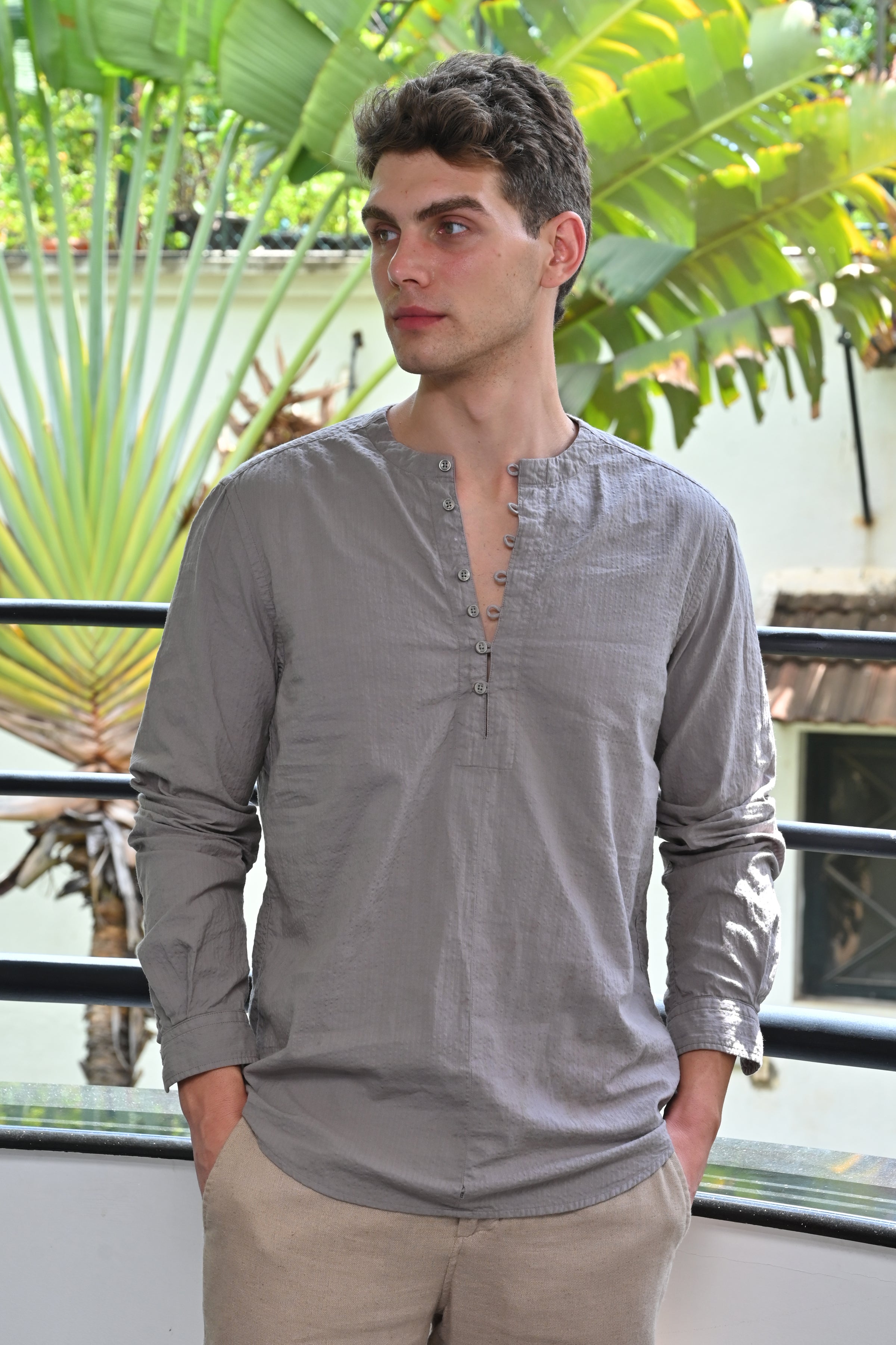Men Seersucker Solid Kurta Shirt