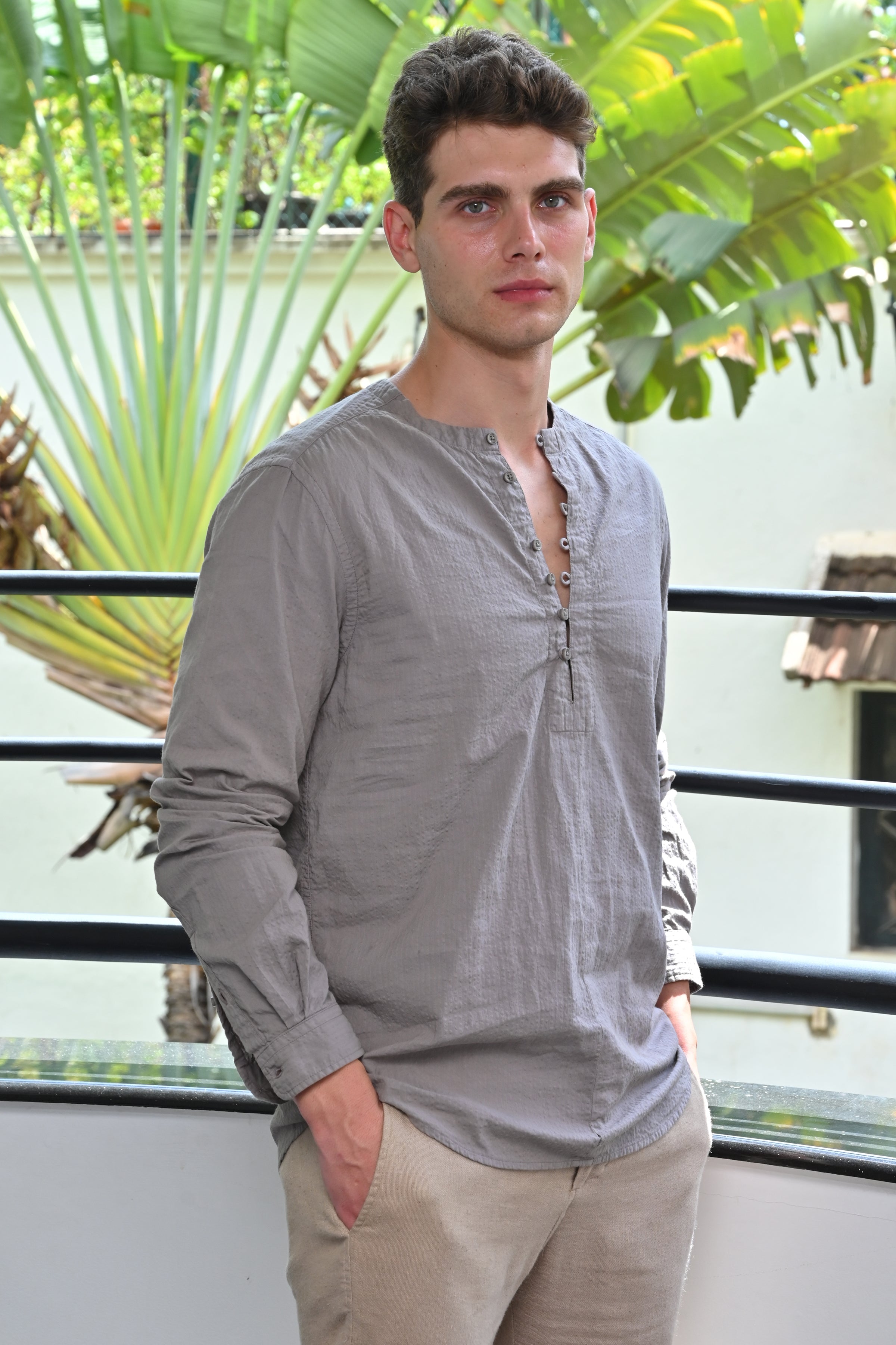 Men Seersucker Solid Kurta Shirt