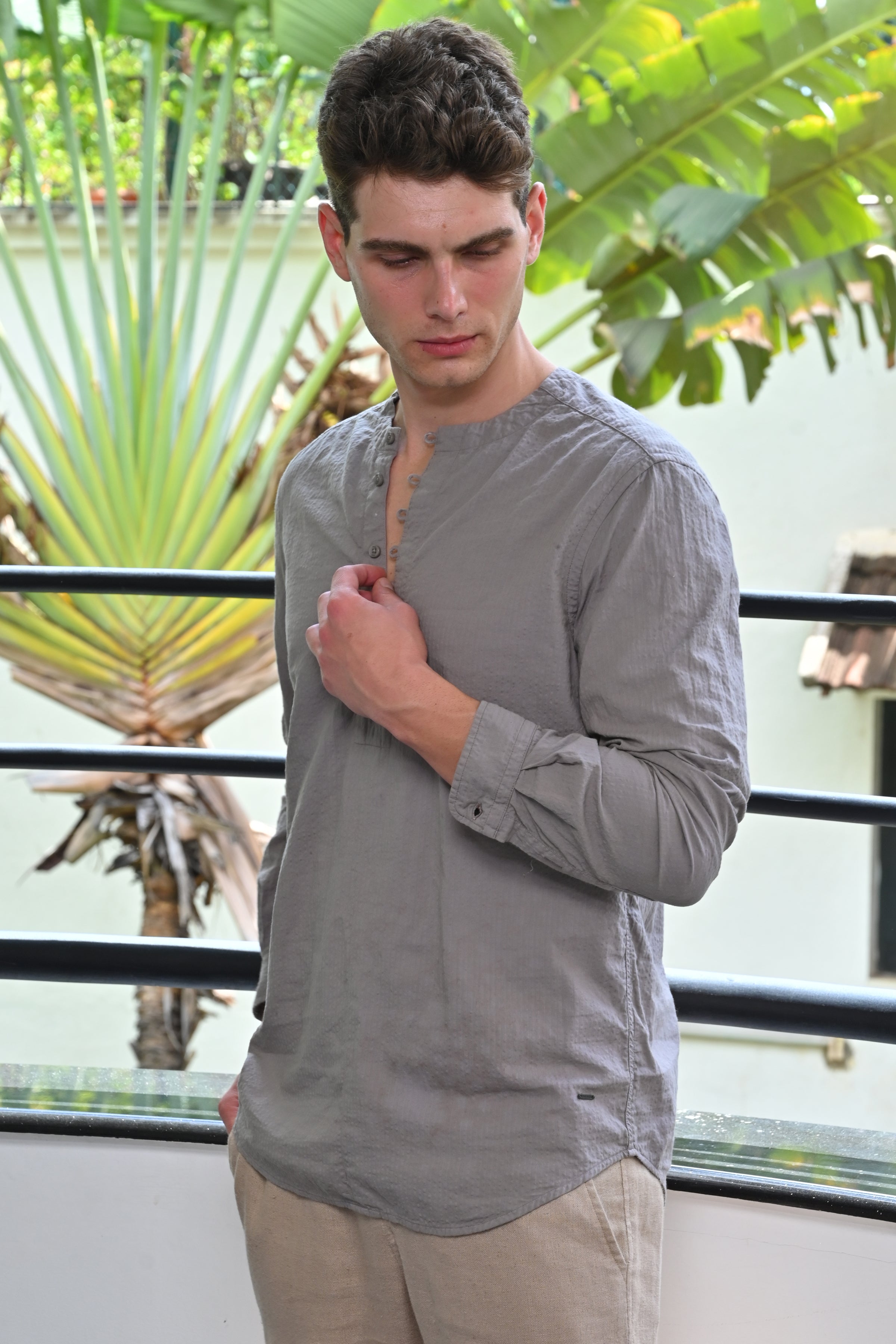 Men Seersucker Solid Kurta Shirt