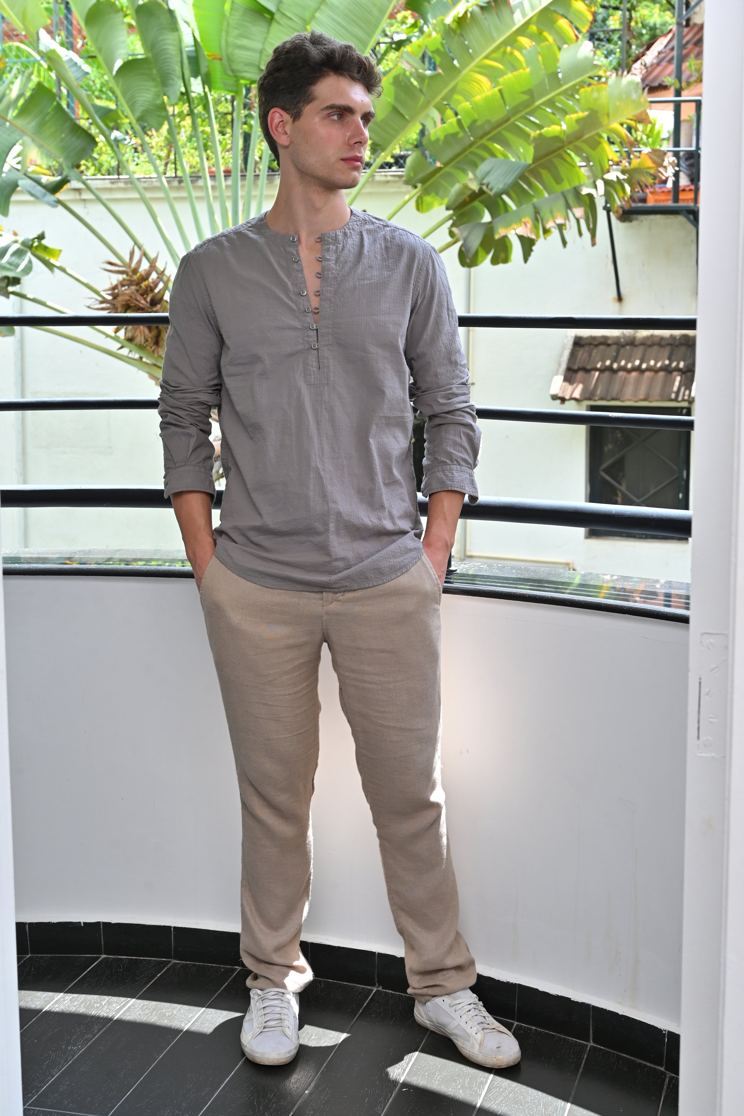Men Seersucker Solid Kurta Shirt