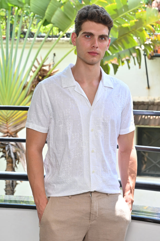 Men Cotton Linen Embroidered Shirt