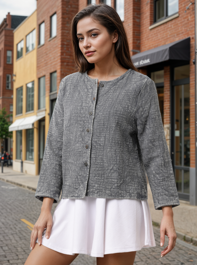 Women Grey Regular Fit Textured Jacket