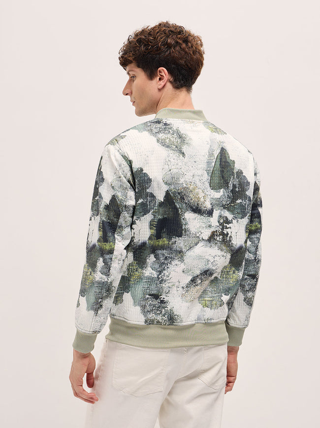 Men GreenWhite Camouflage Bomber Jacket with Ribbed Details