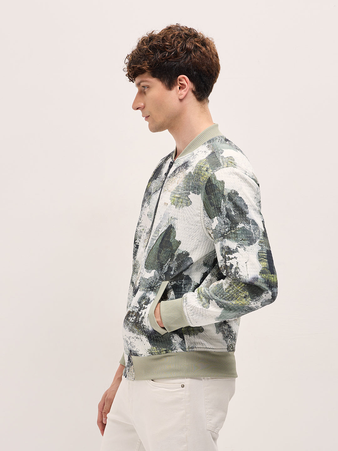 Men GreenWhite Camouflage Bomber Jacket with Ribbed Details