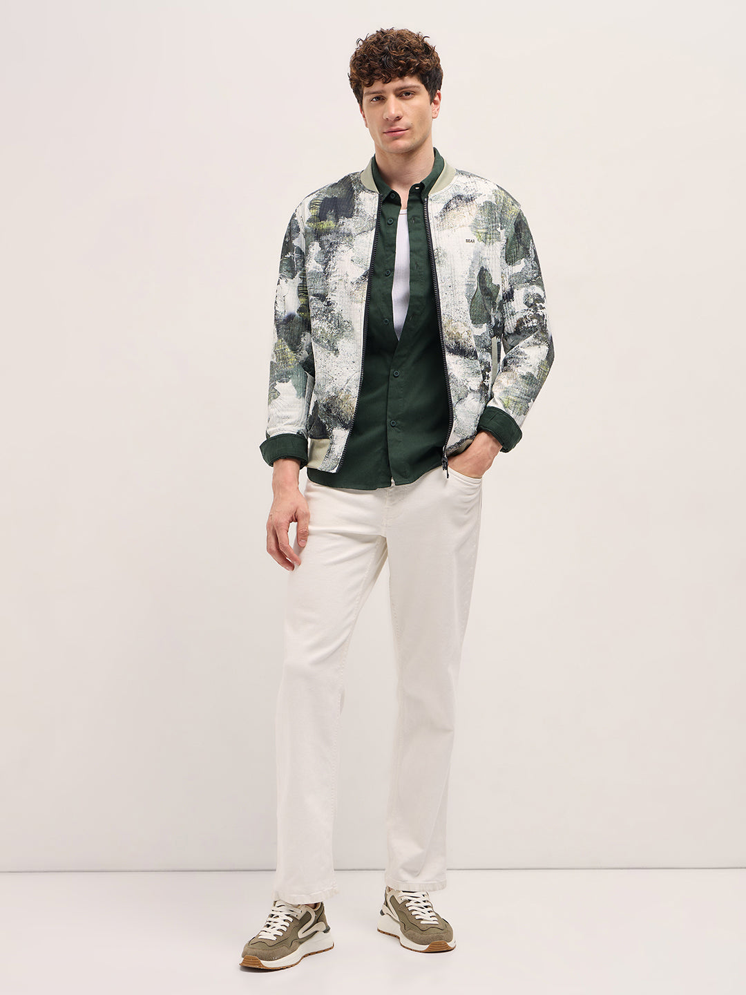 Men GreenWhite Camouflage Bomber Jacket with Ribbed Details