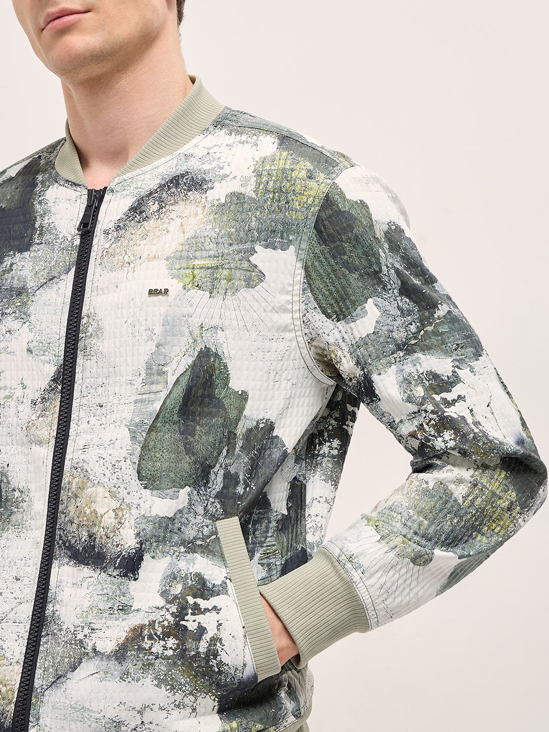 Men GreenWhite Camouflage Bomber Jacket with Ribbed Details