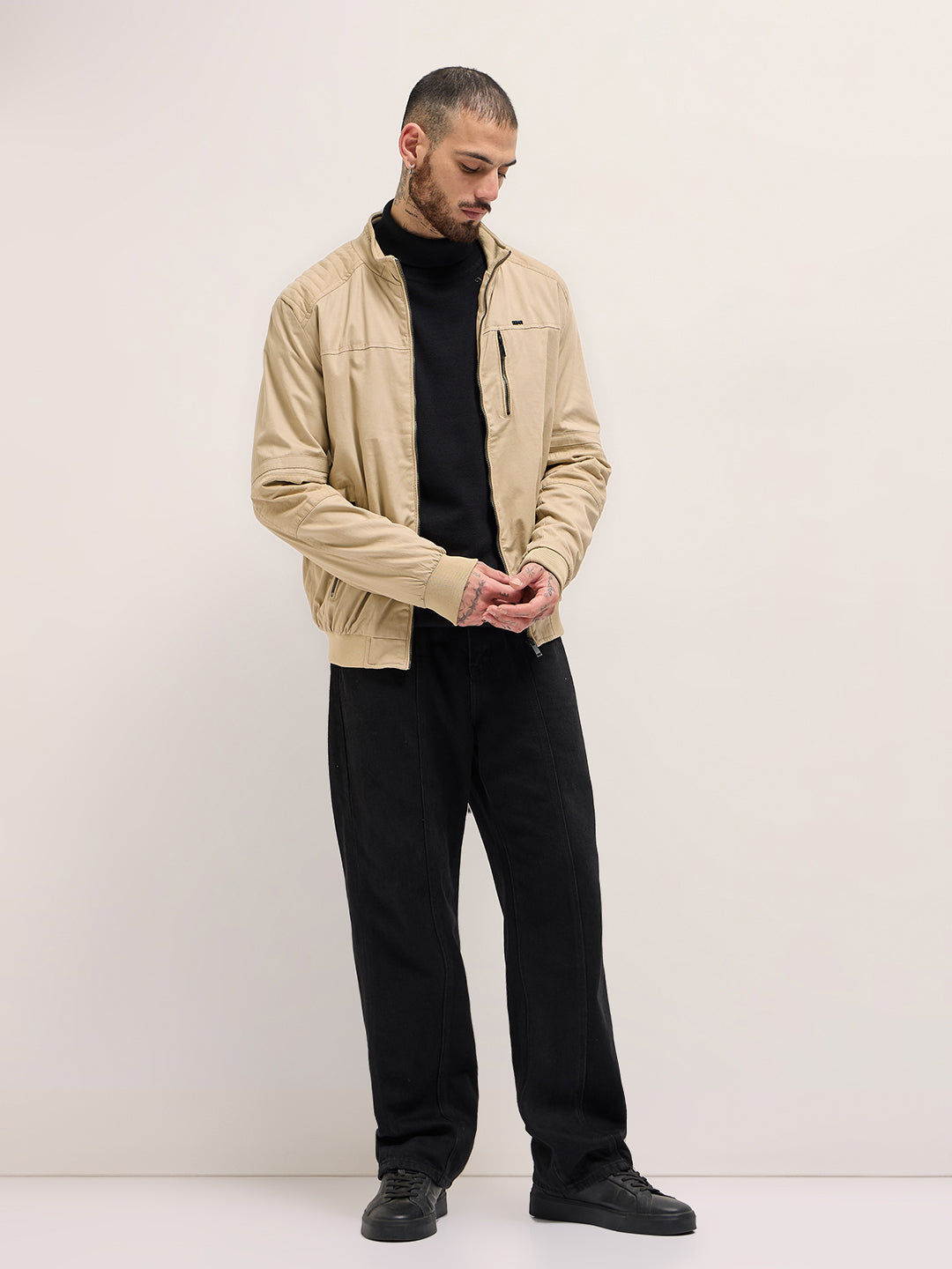 Men Beige Solid Regular Fit