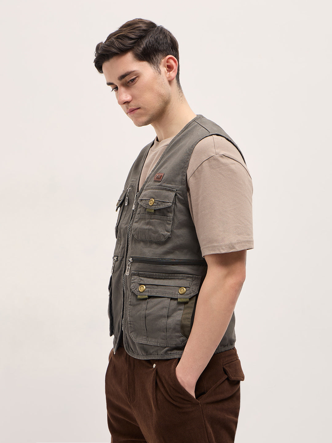 Men Grey Outdoor Utility Multi-Pocket Vest Jacket