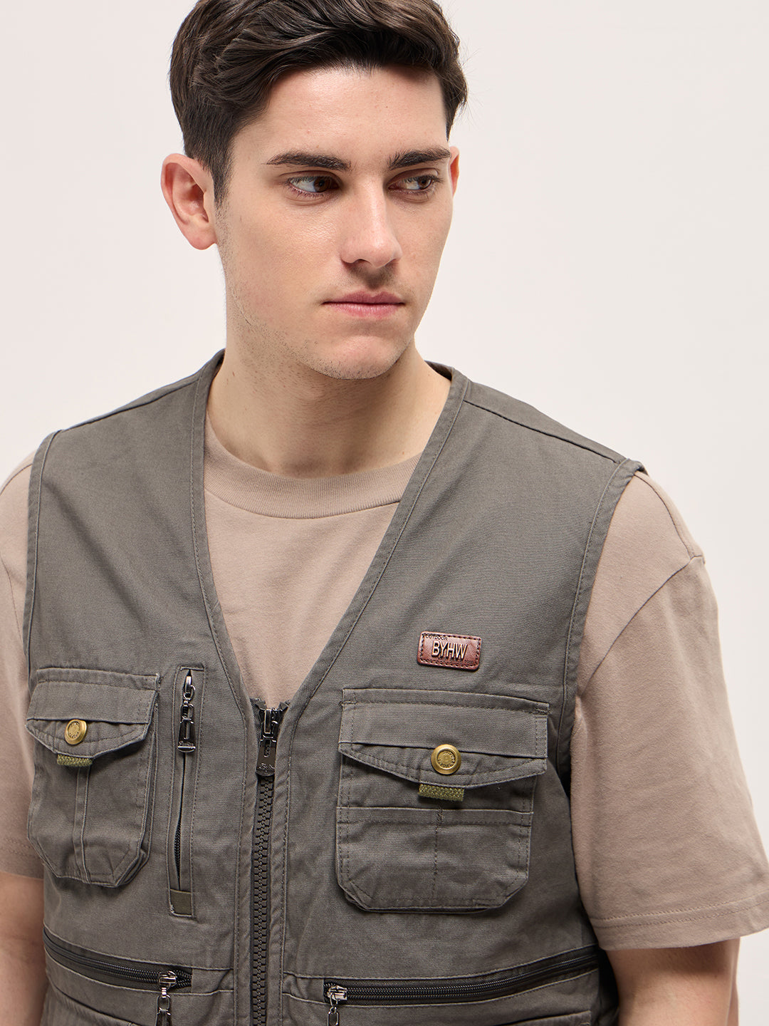 Men Grey Outdoor Utility Multi-Pocket Vest Jacket