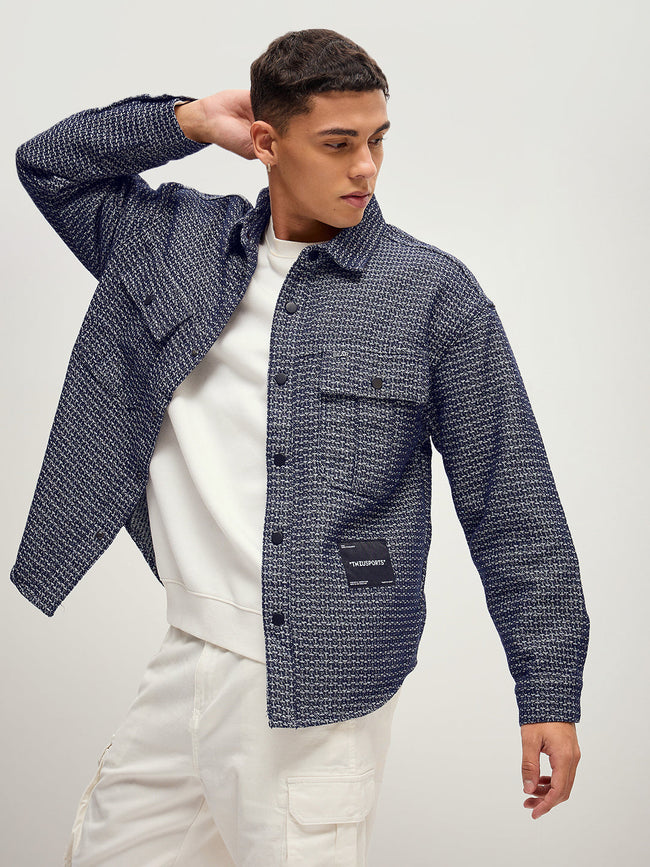 Men Blue Self Deign Regular Fit Denim Jacket