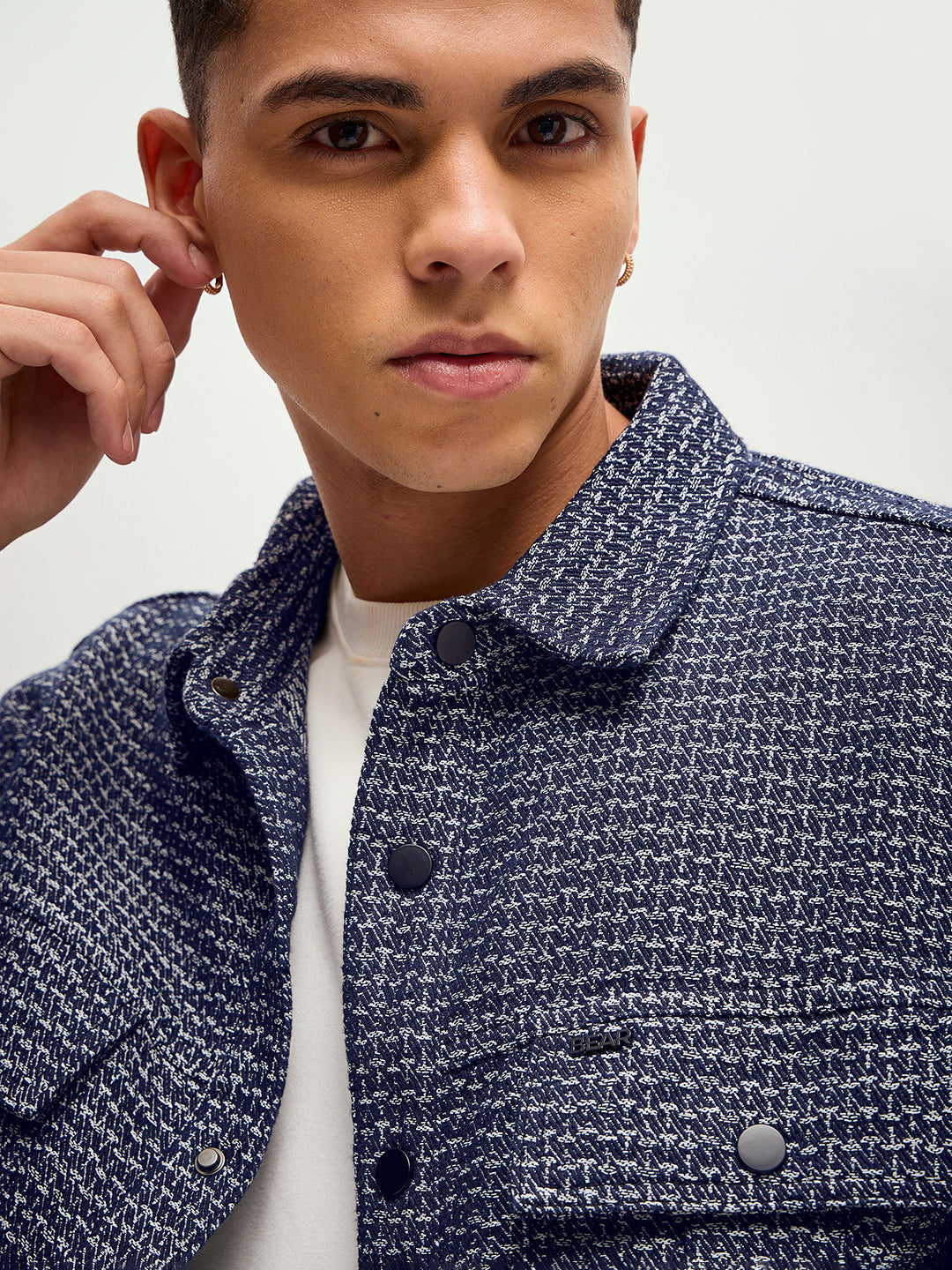 Men Blue Self Deign Regular Fit Denim Jacket