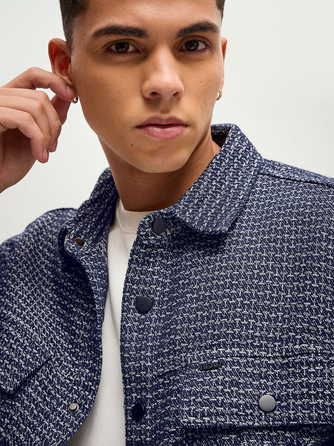 Men Blue Self Deign Regular Fit Denim Jacket