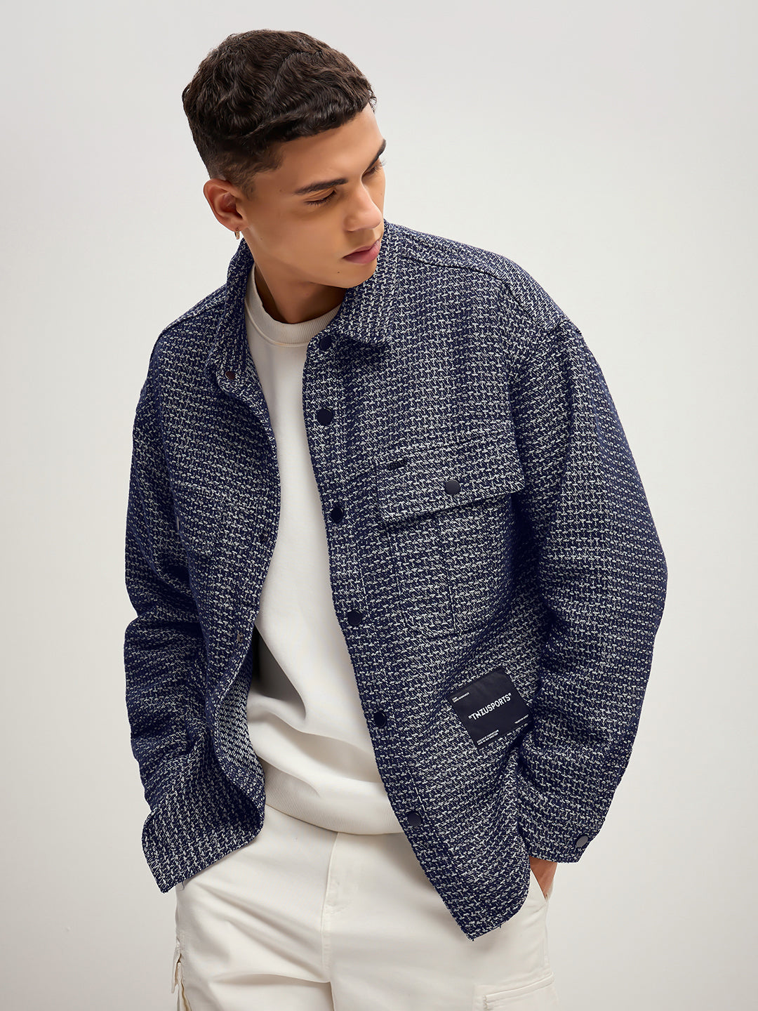 Men Blue Self Deign Regular Fit Denim Jacket