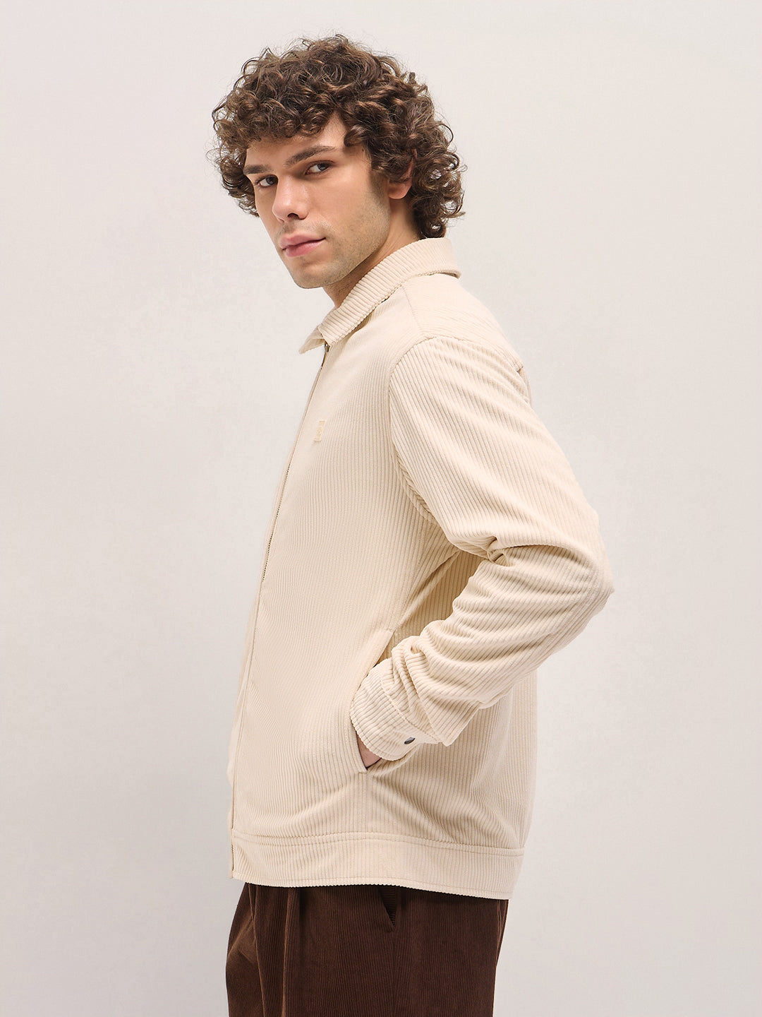 Men Cream Corduroy Zip Closure