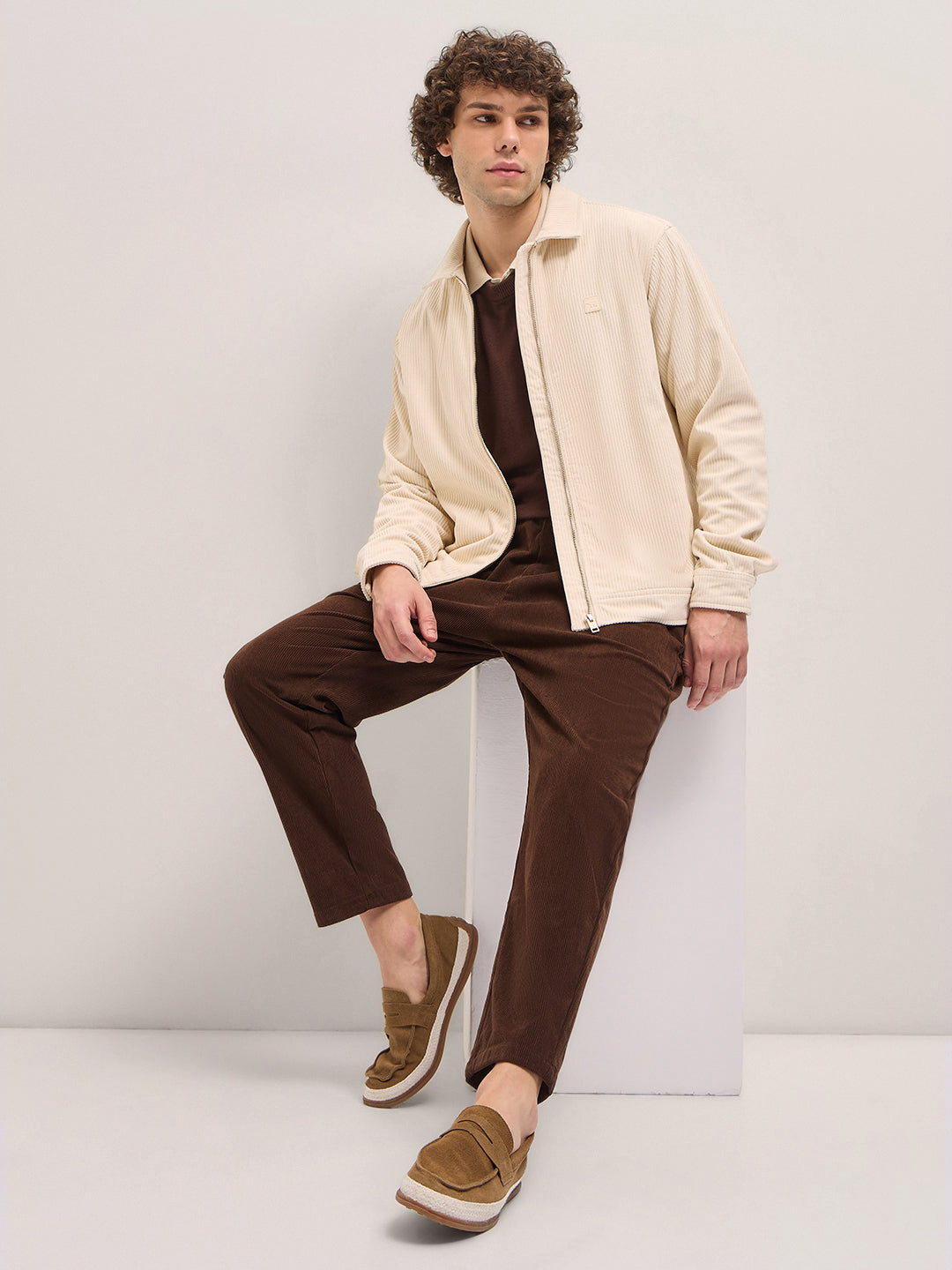 Men Cream Corduroy Zip Closure