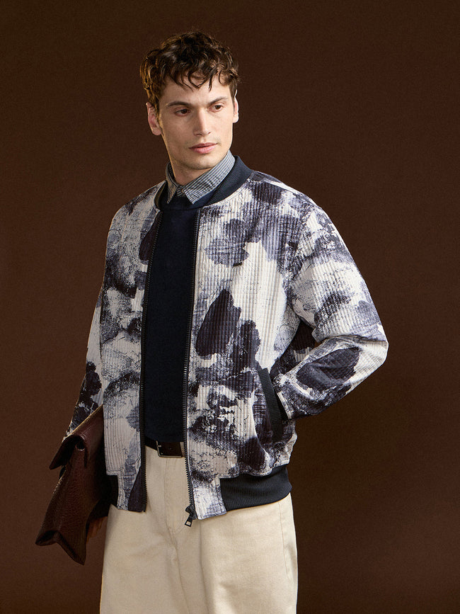 Men BlueWhite Camouflage Bomber Jacket with Ribbed Details