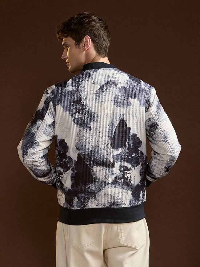 Men BlueWhite Camouflage Bomber Jacket with Ribbed Details