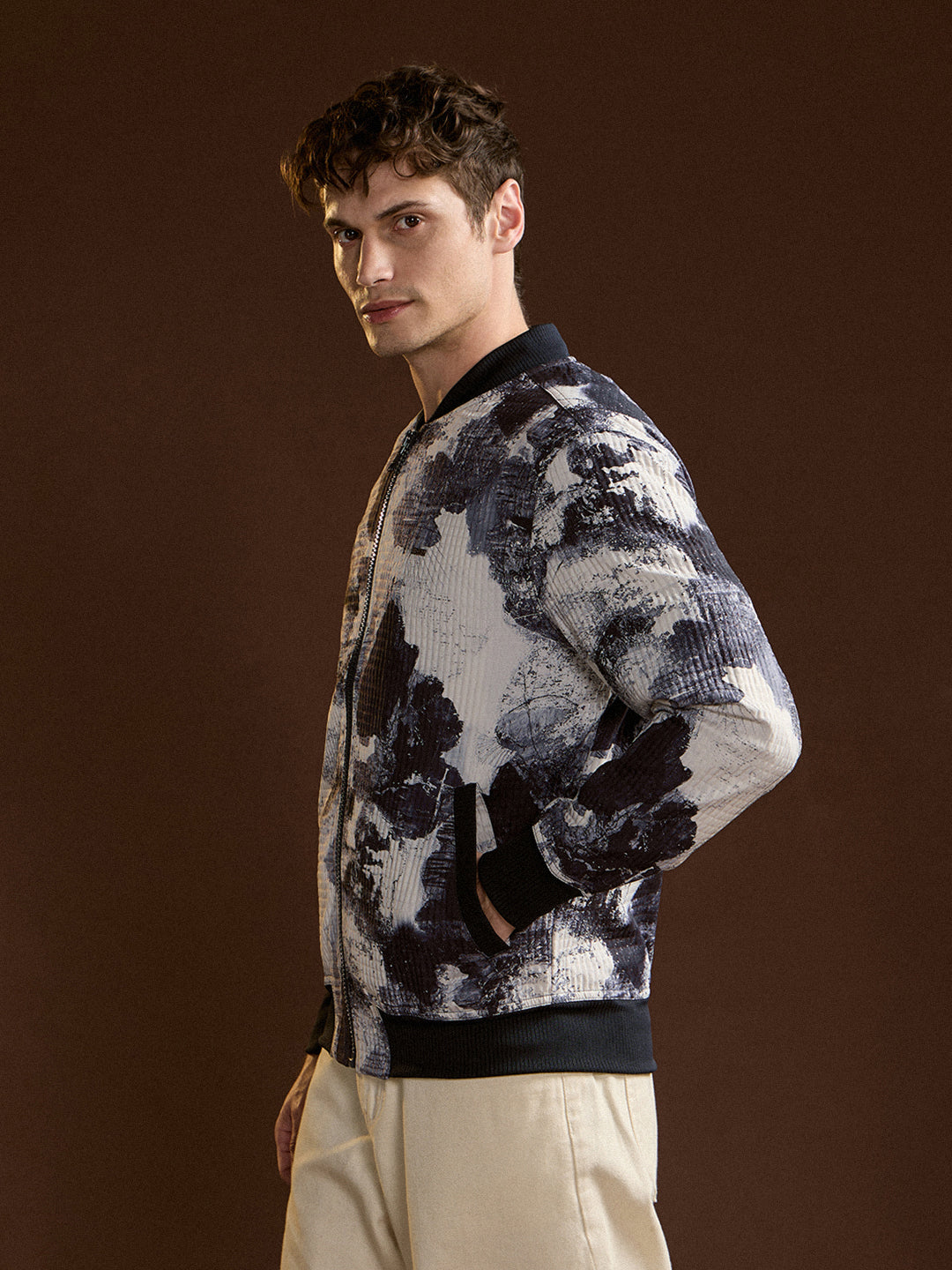 Men BlueWhite Camouflage Bomber Jacket with Ribbed Details