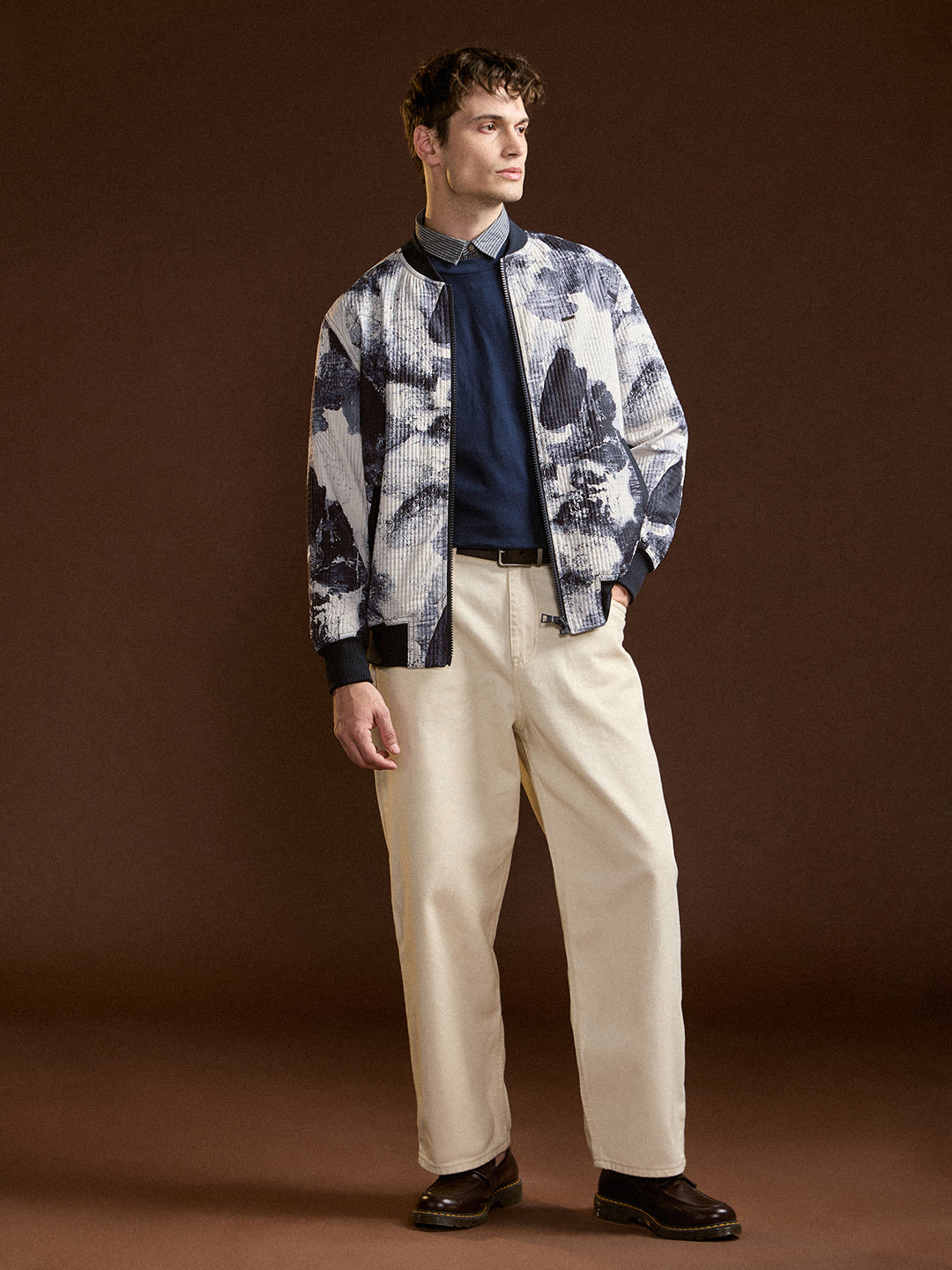 Men BlueWhite Camouflage Bomber Jacket with Ribbed Details