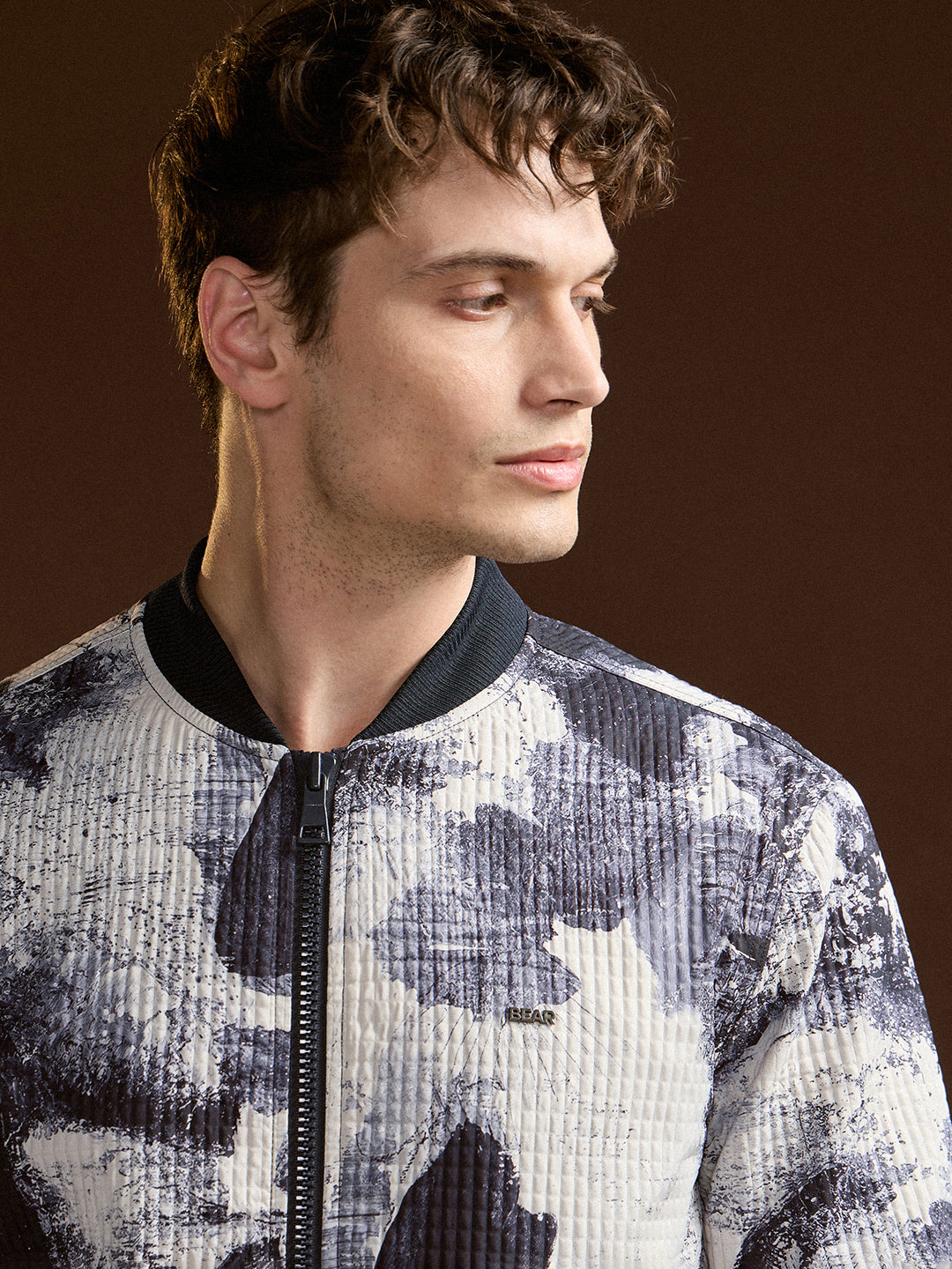 Men BlueWhite Camouflage Bomber Jacket with Ribbed Details