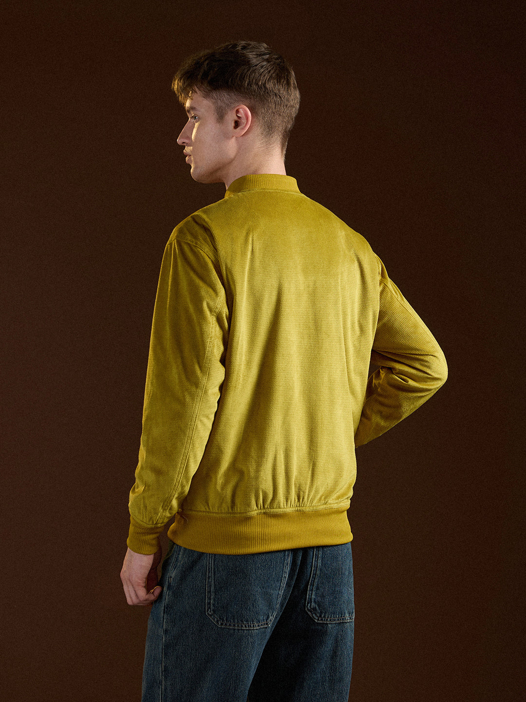 Men Yellow Textured Design Regular Fit Casual Jacket