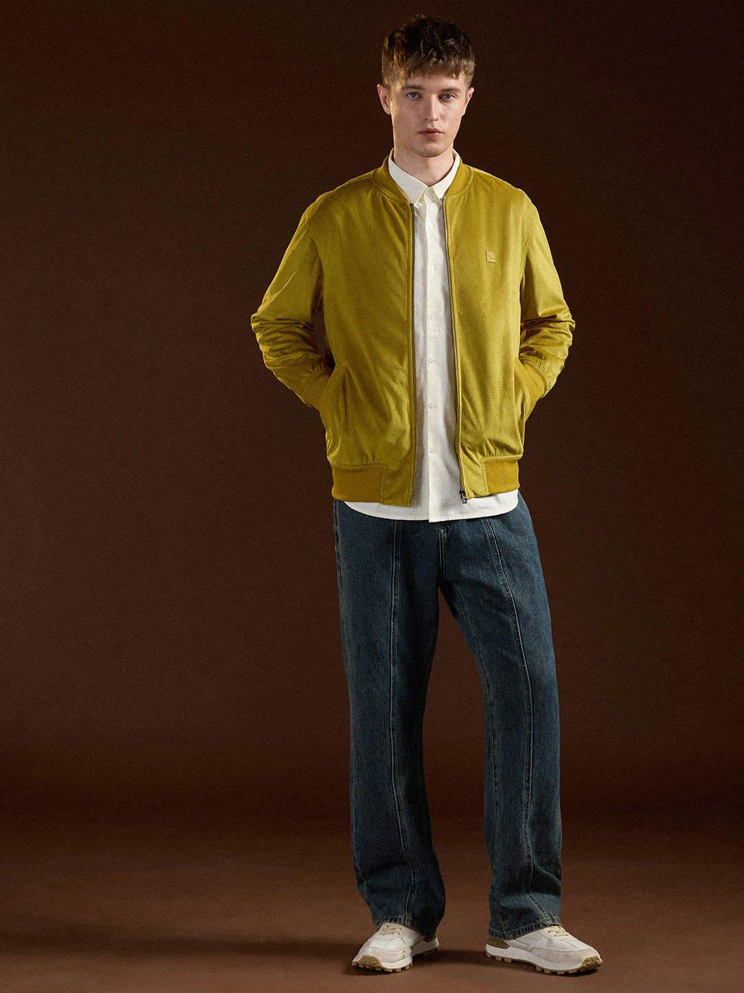 Men Yellow Textured Design Regular Fit Casual Jacket