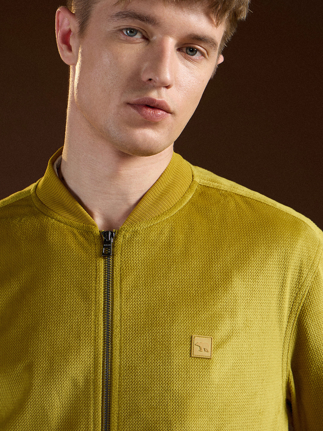 Men Yellow Textured Design Regular Fit Casual Jacket