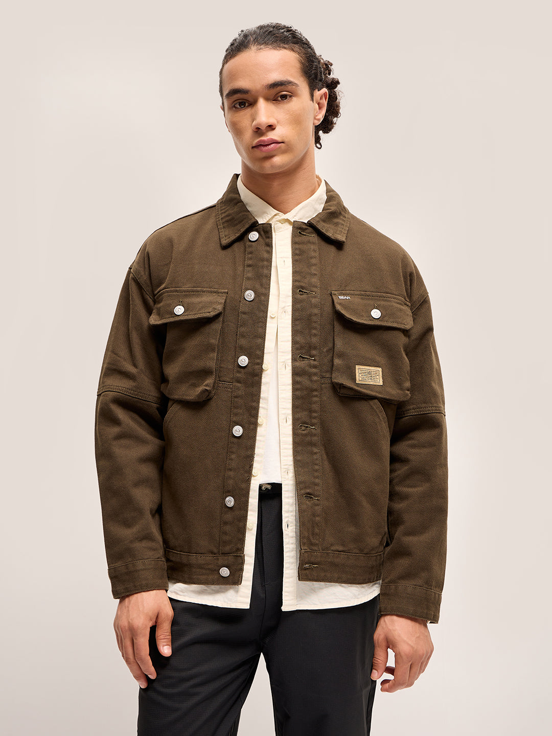 Men Olive Solid Regular Fit Denim Jacket