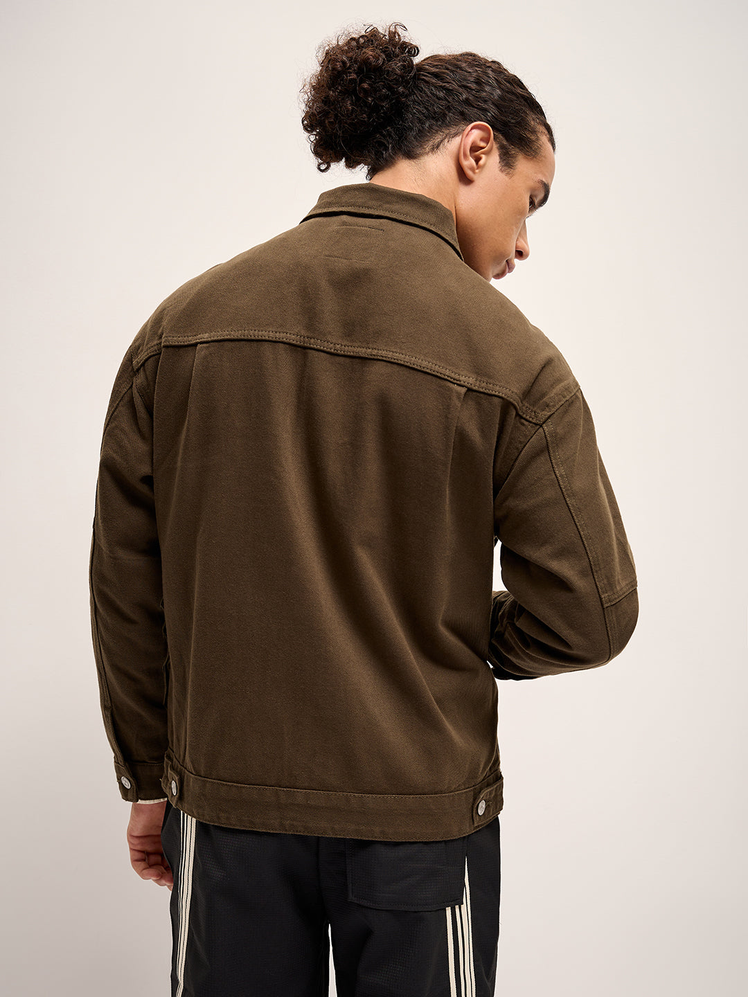 Men Olive Solid Regular Fit Denim Jacket