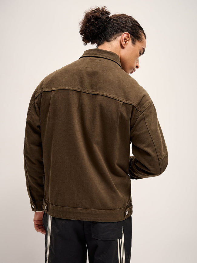 Men Olive Solid Regular Fit Denim Jacket