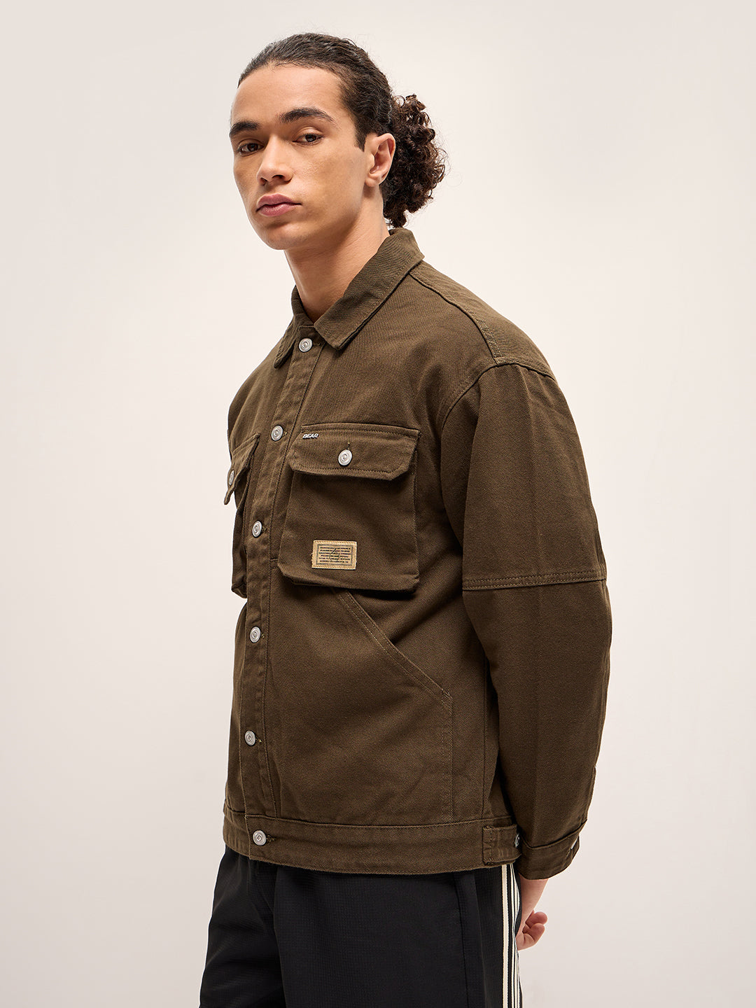 Men Olive Solid Regular Fit Denim Jacket